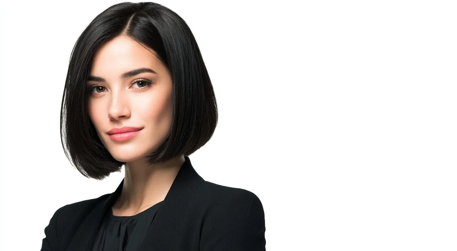 Professional female lawyer with a sleek black bob hairstyle, isolated on a white background, transparent PNG.