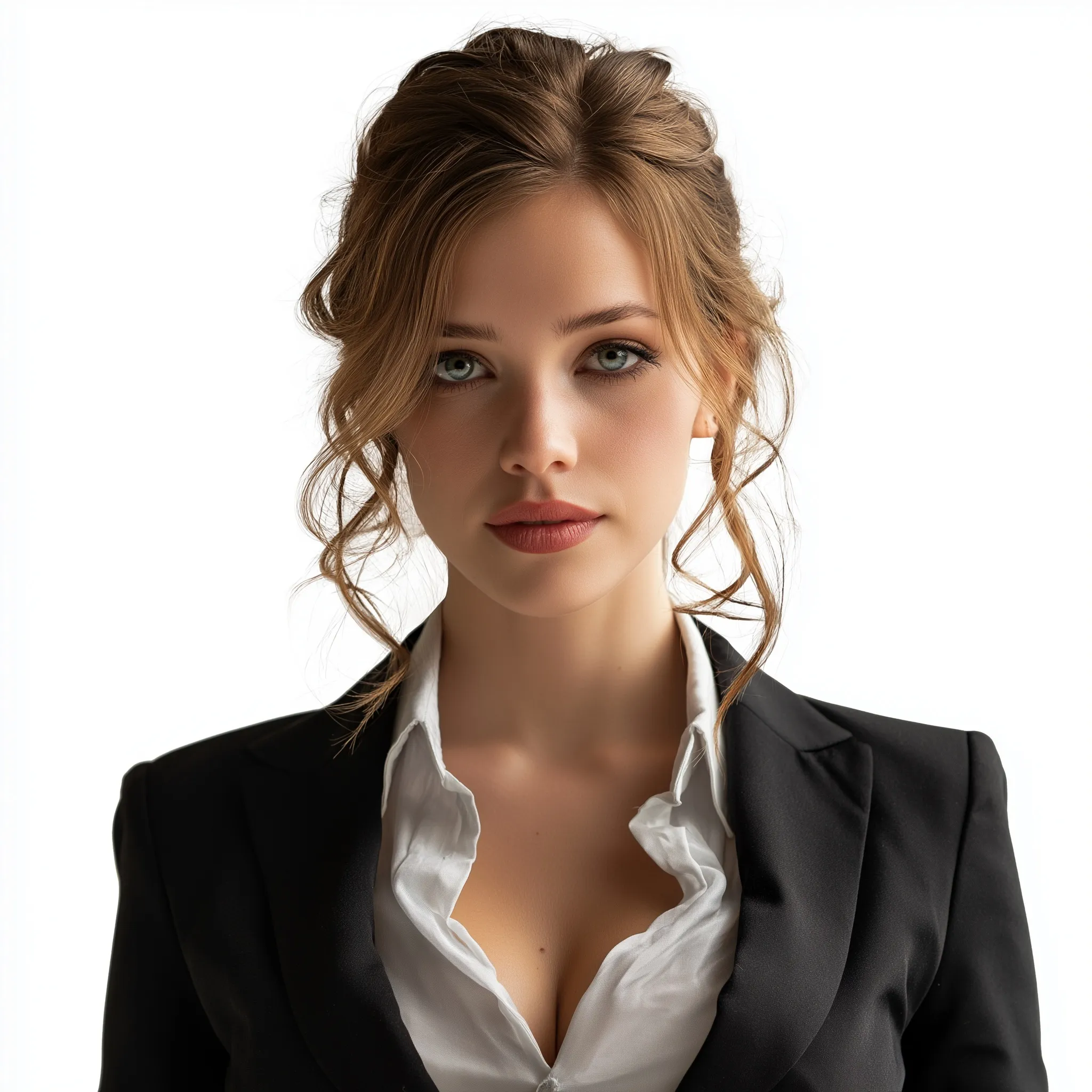 A professional woman with a polished interview hairstyle wearing a business suit, waist-up view on transparent background.