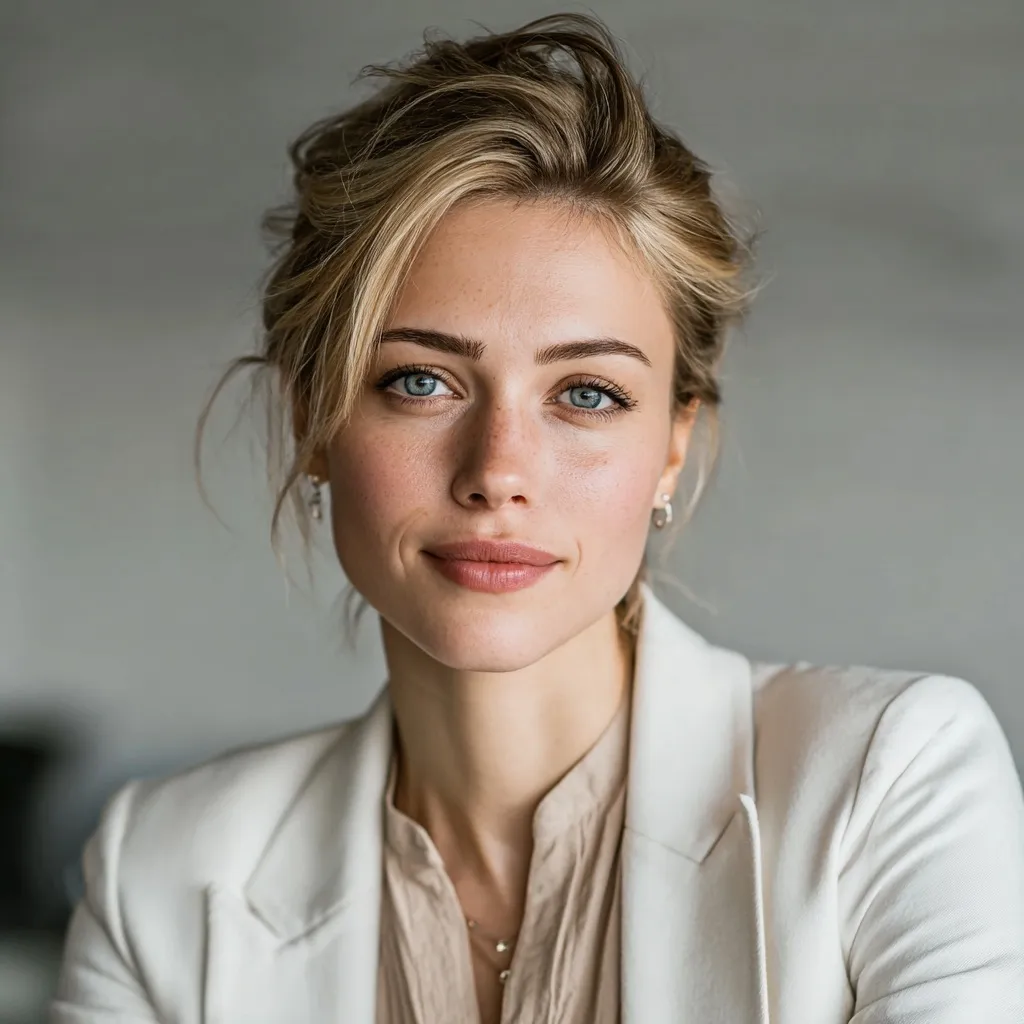 Professional blonde female recruiter in a white blazer smiling in a bright modern office, perfect interview hair.