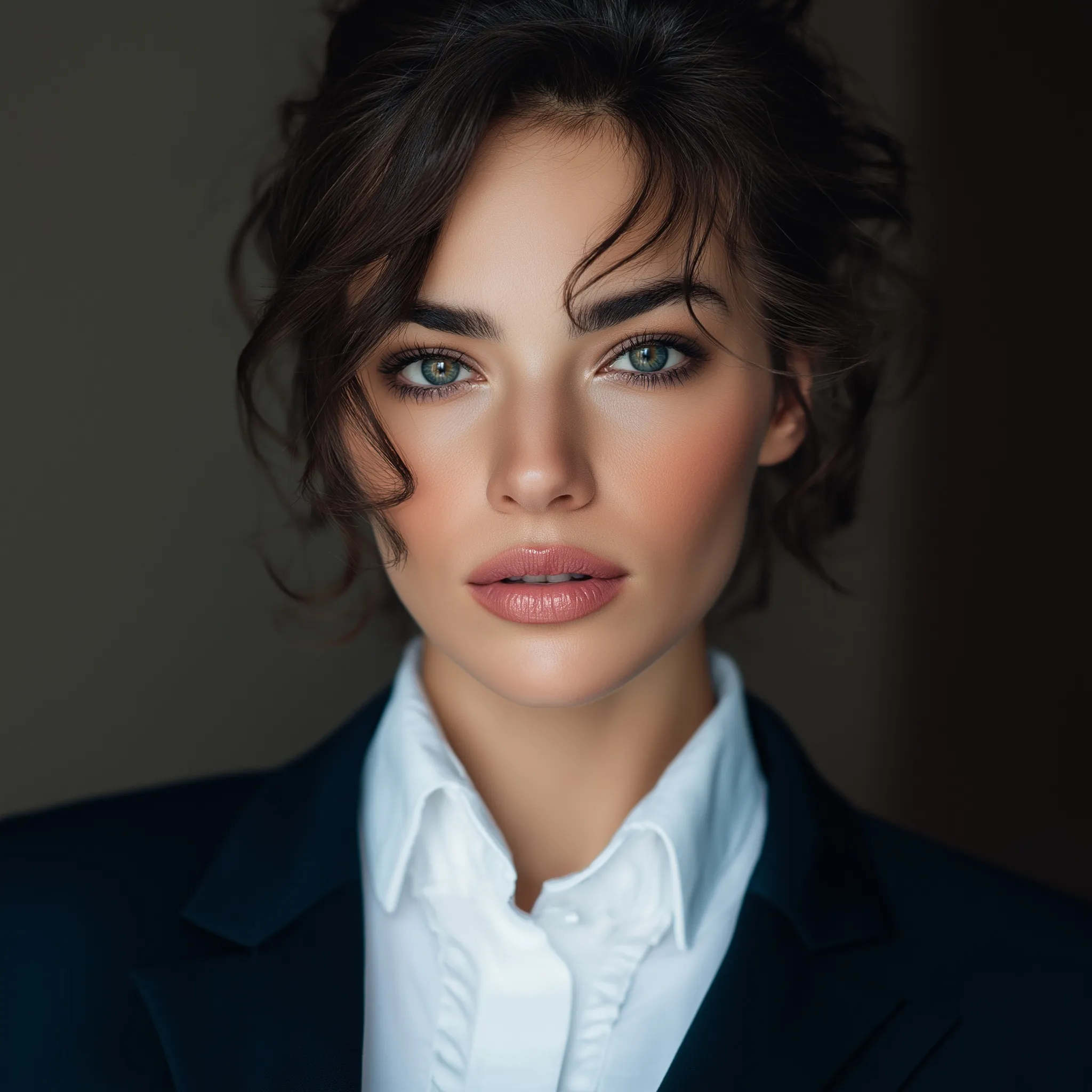 A professional business woman with a polished, elegant hairstyle posing for a job interview.