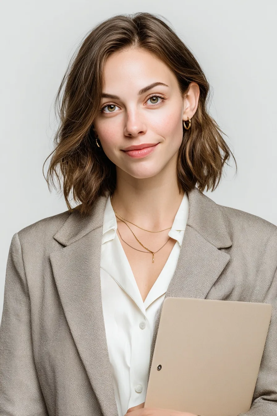 Professional woman with soft waved hairstyle holding a folder, wearing a tailored blazer against a white background.