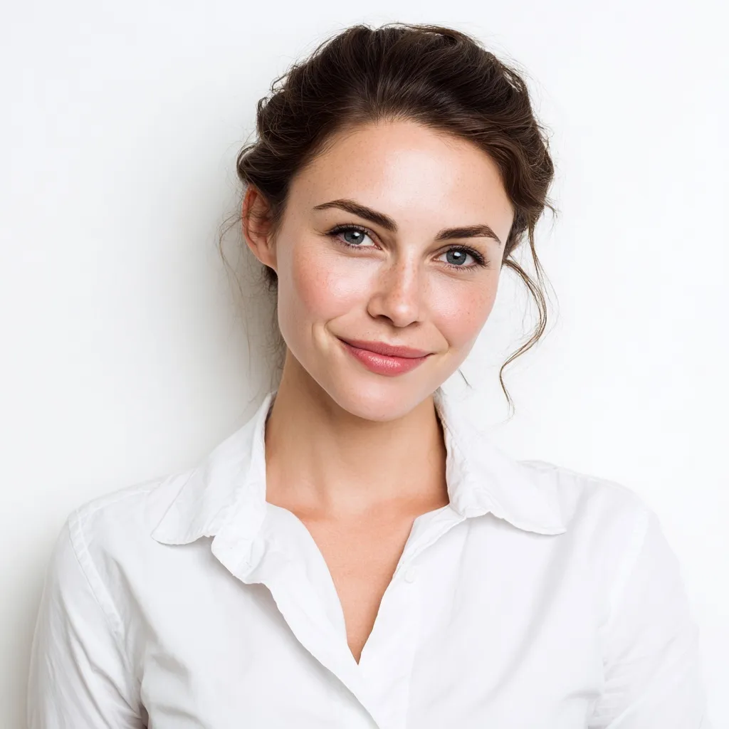 A smiling female HR professional with a professional hairstyle posing against a clean white background.