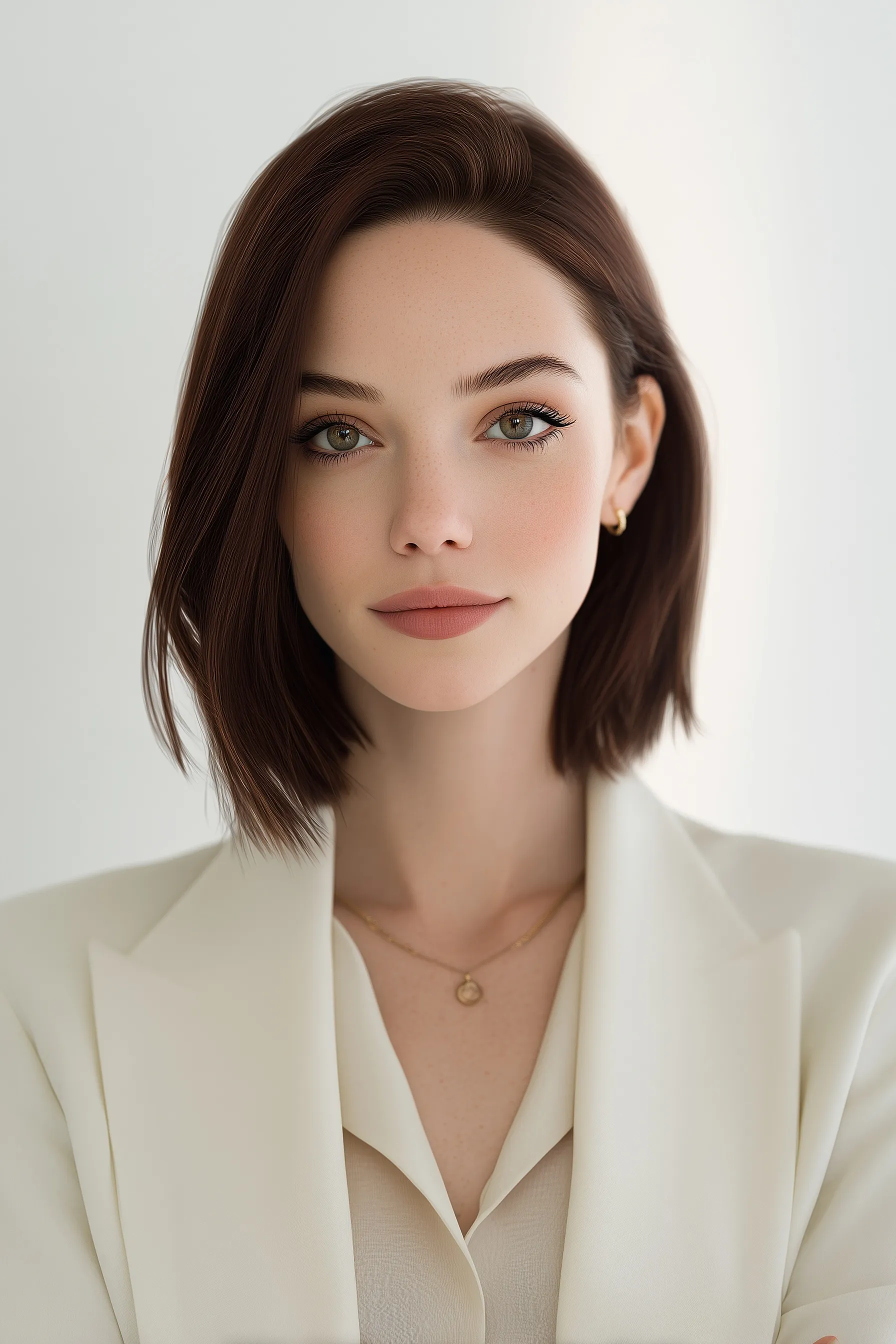 Professional woman with sleek shoulder-length blowout hairstyle, wearing a cream blazer for a corporate interview.