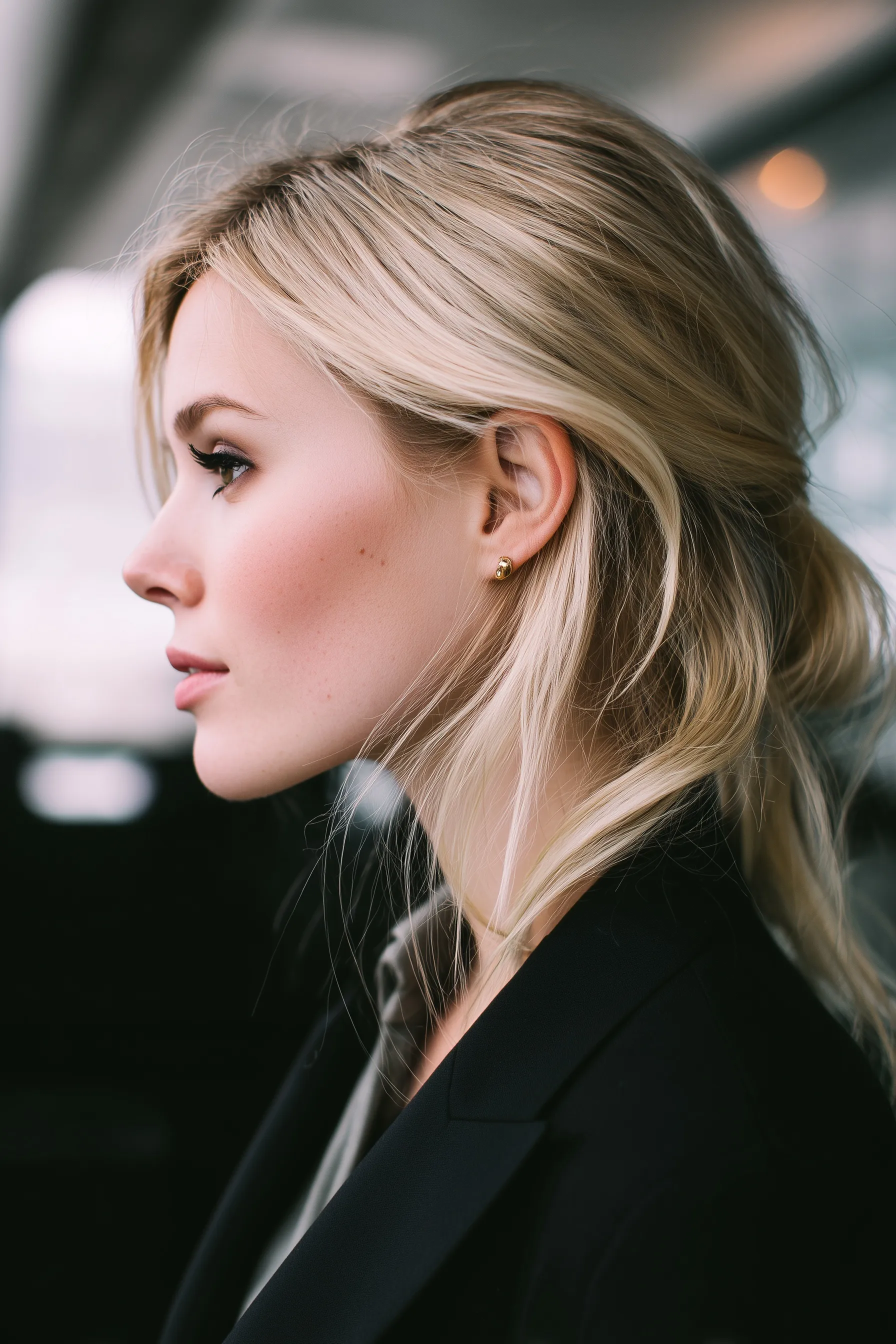 Professional blond woman in a black blazer with an elegant interview hairstyle working in a modern city office.