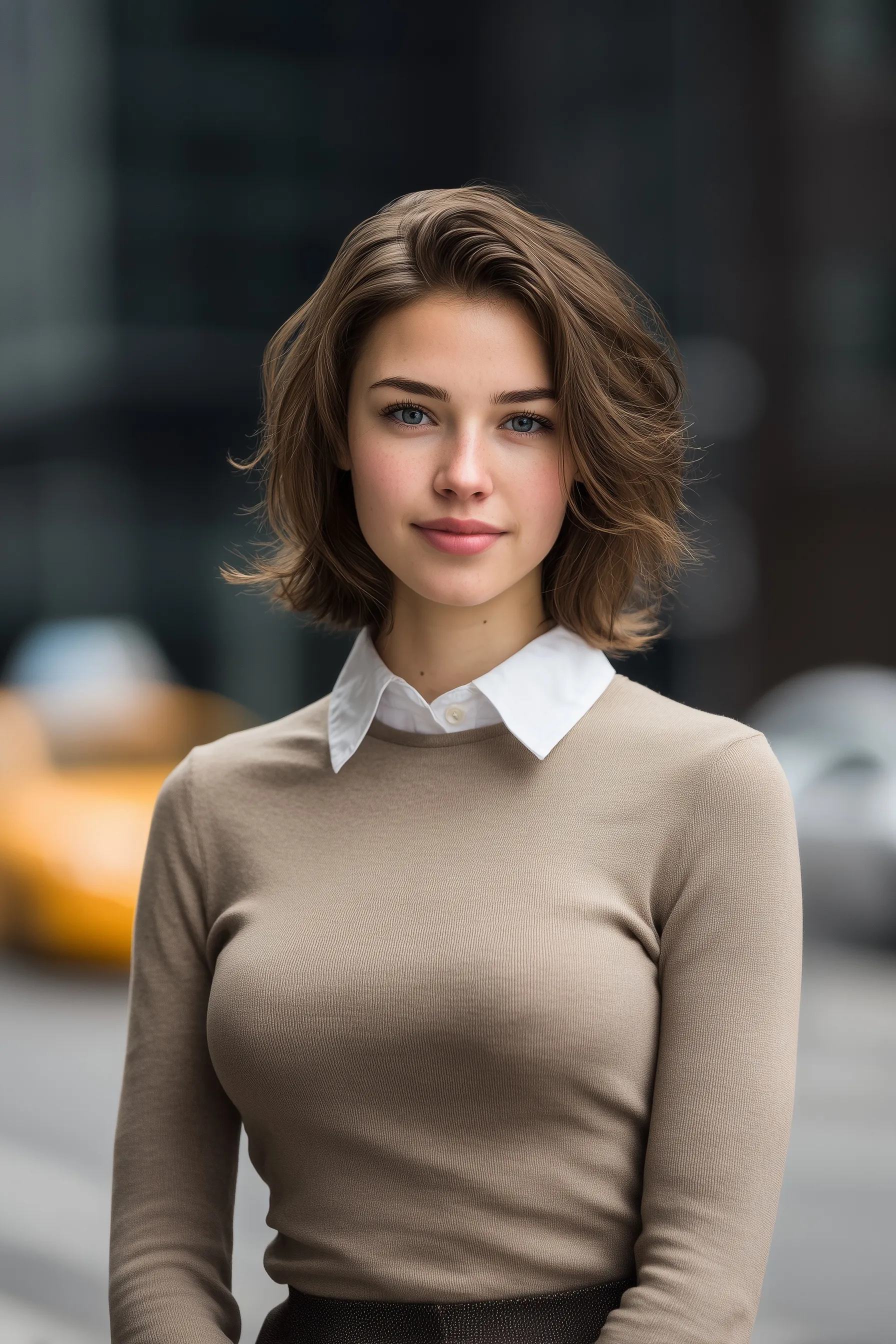 Young professional woman with a clean interview hairstyle waiting in a modern urban business district.