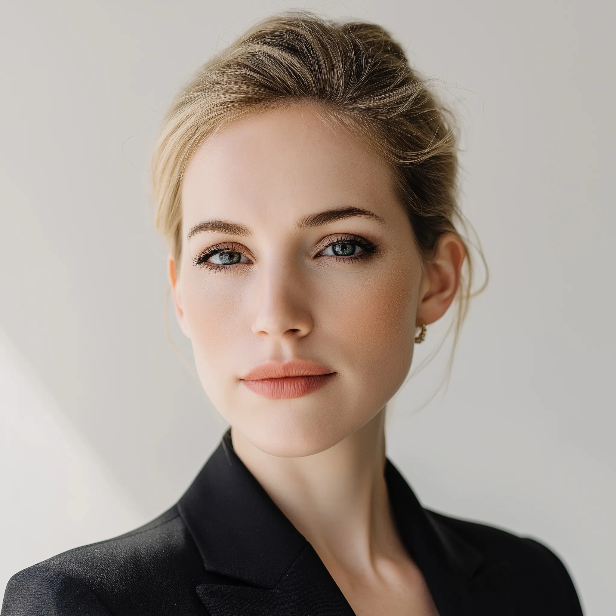 Professional woman in tailored black suit with polished interview hairstyle, soft natural light, high-end studio.