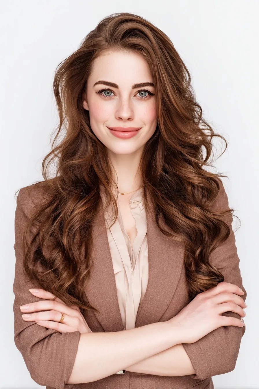 Confident woman with long wavy chestnut hair in elegant business attire standing against a white background.