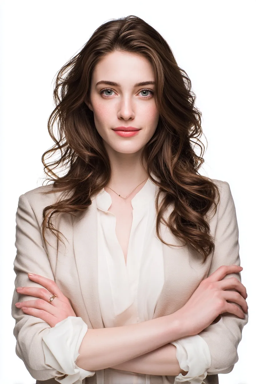 Professional woman with voluminous chestnut waves in a tailored blazer standing against a white background.