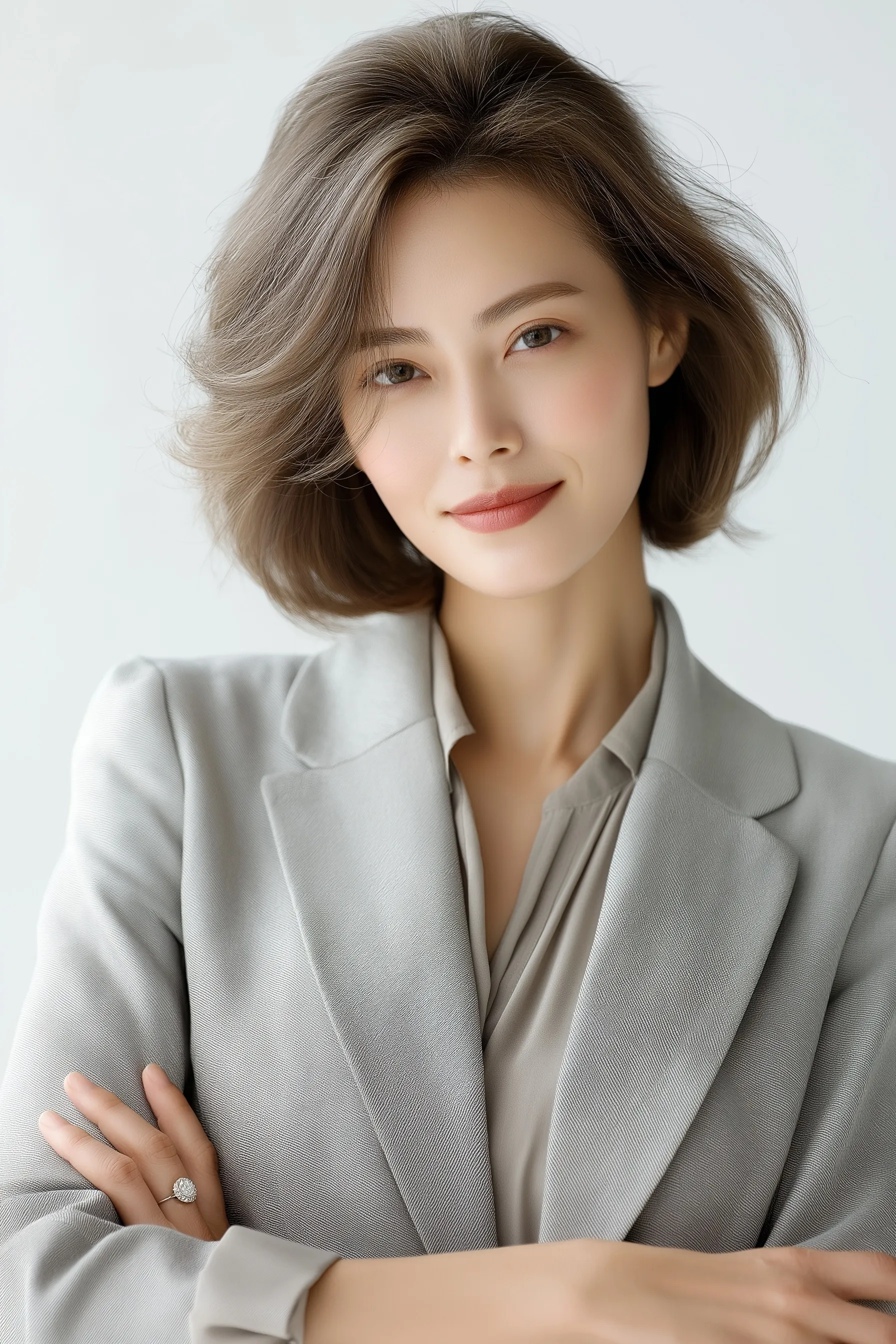 Professional 50-year-old Korean woman with tidy short hair and semi-suit standing against a white background.