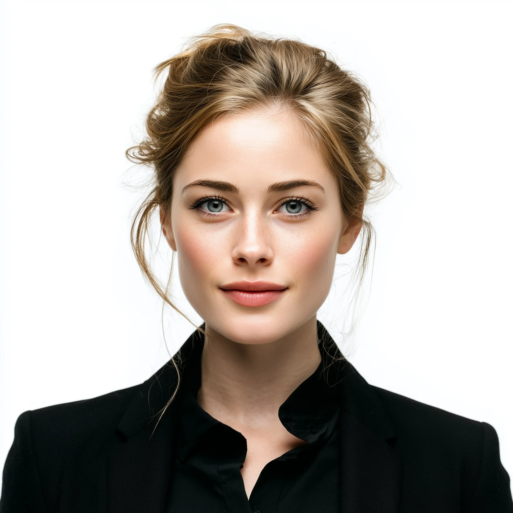 Professional young businesswoman with a neat interview hairstyle posing against a clean white background.