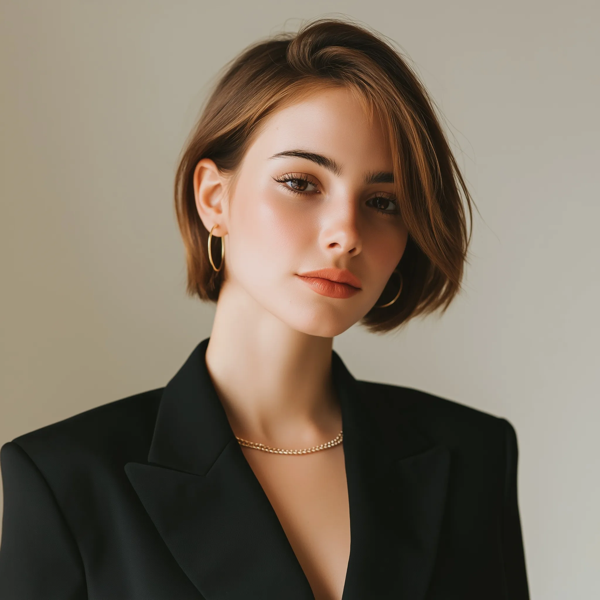 Professional woman with elegant hairstyle wearing a black blazer for a job interview against a neutral background.