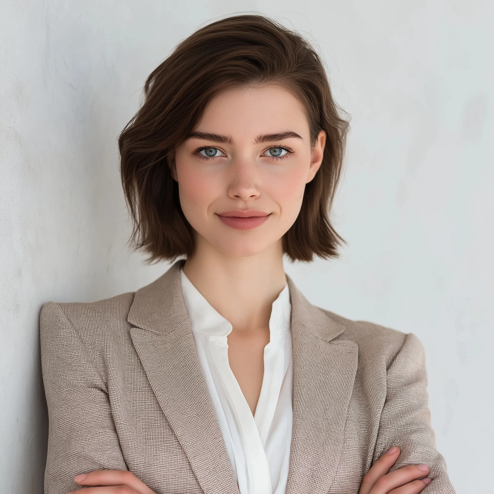 Professional woman with fair skin and business attire posing for an interview hairstyle portrait.