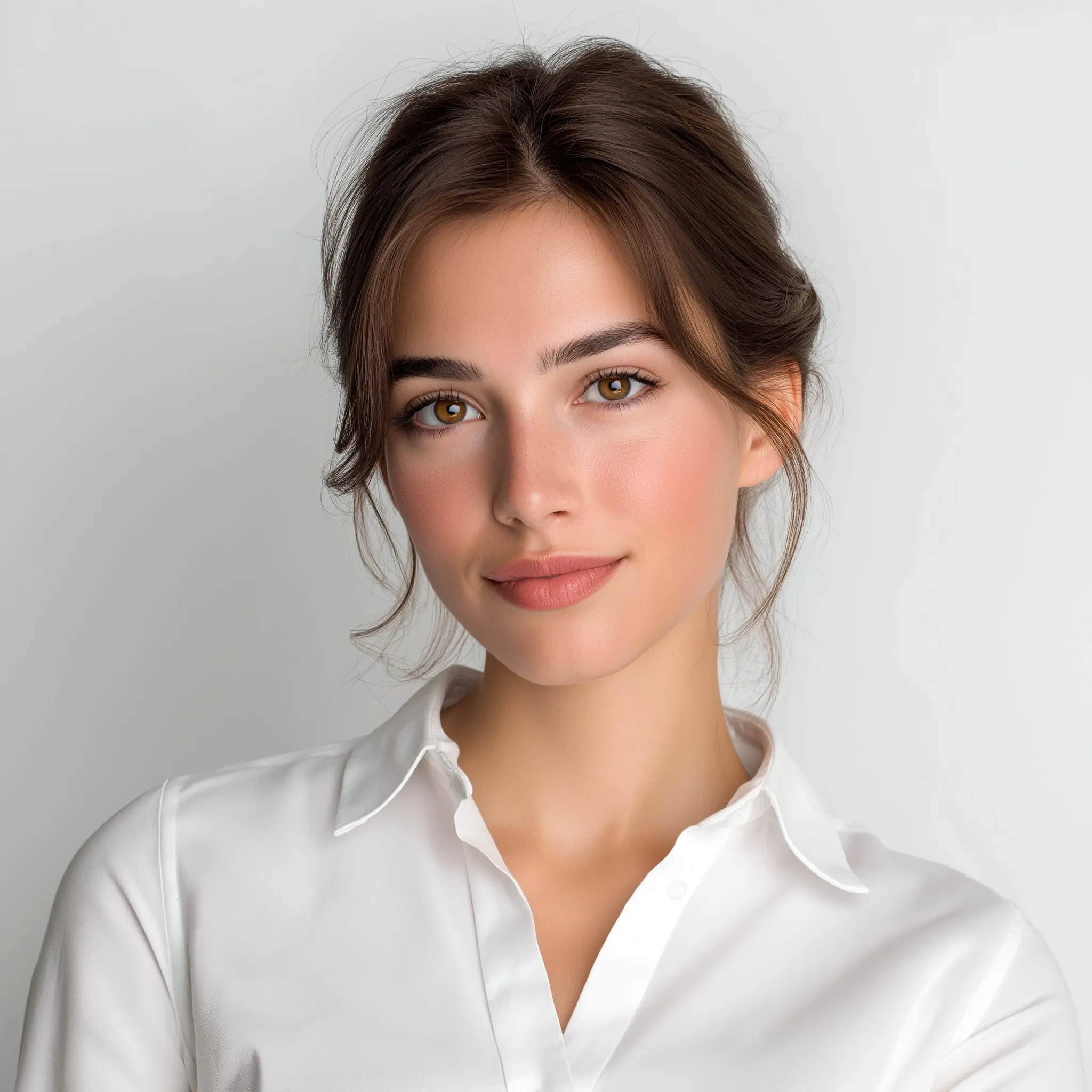 Professional portrait of a beautiful brunette woman with a polished interview hairstyle wearing a crisp white shirt.