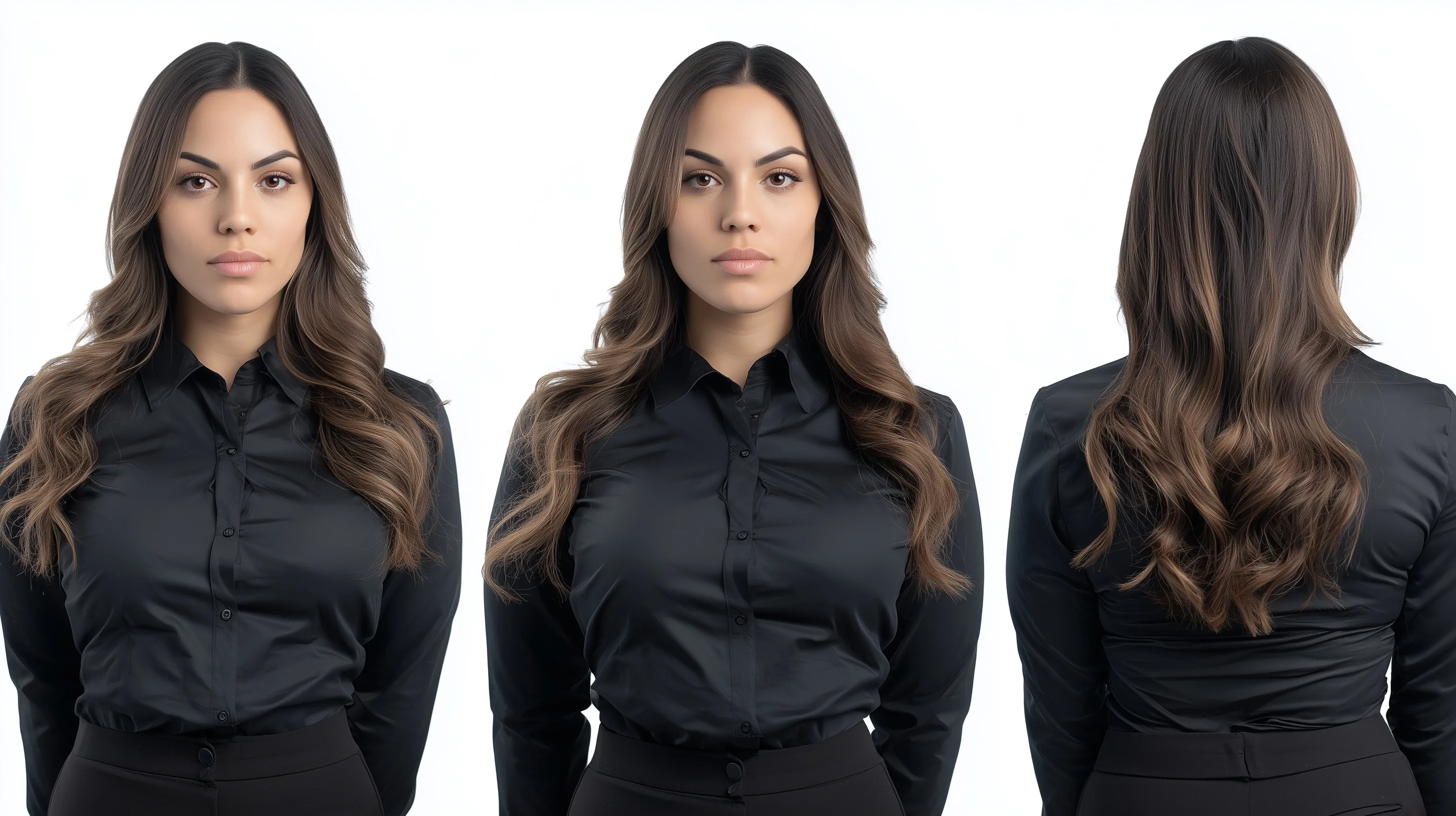 Professional Latina woman headshot character sheet with modern hairstyle, front side and back view on white background.