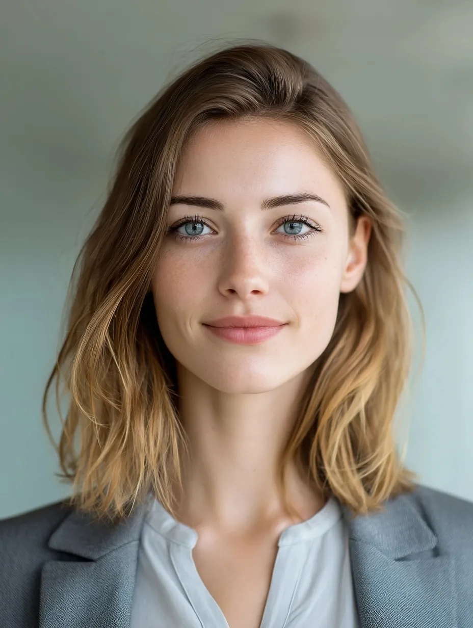 Professional young woman with a polished interview hairstyle, wearing business attire in a modern office.