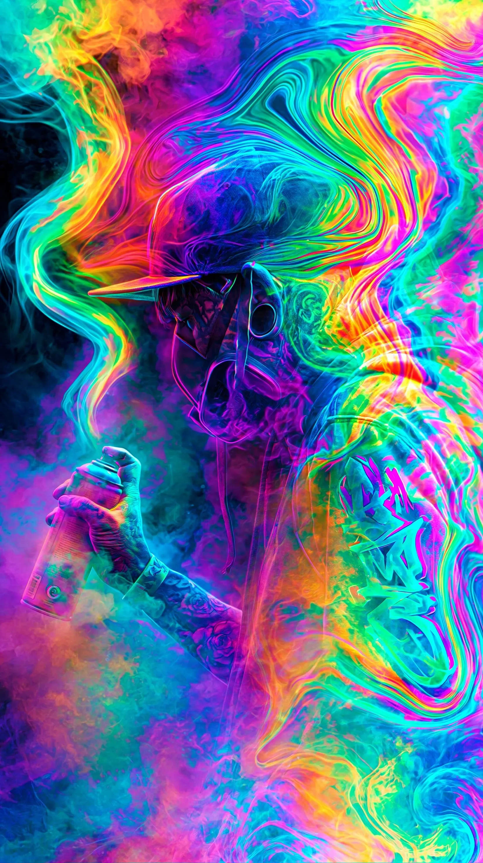Neon iridescent abstract iPhone Air background featuring a vibrant, chromatic wildstyle graffiti tag in rainbow fog.