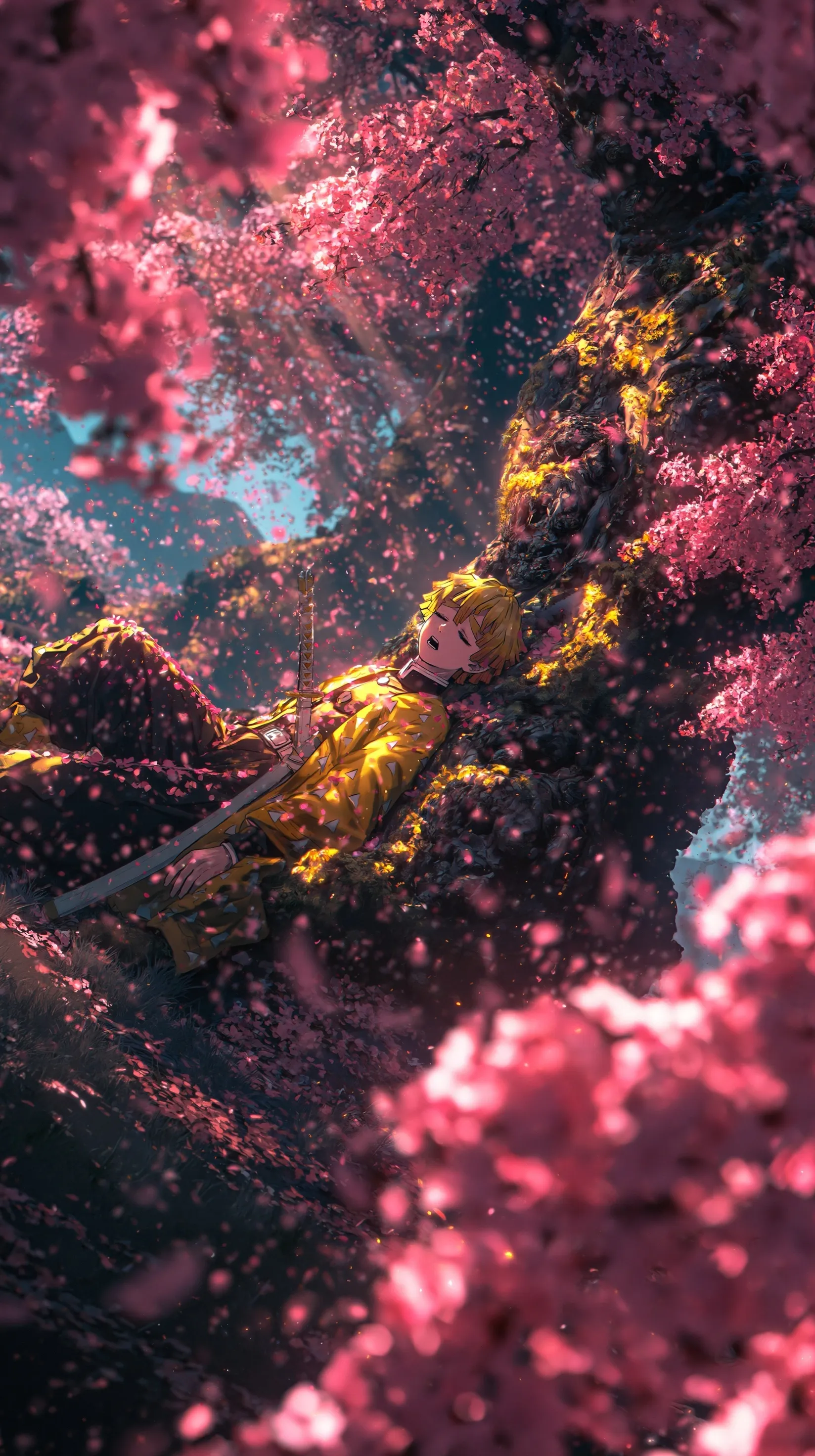 Zenitsu Agatsuma sleeping under a cherry blossom tree, cinematic anime style wallpaper for iPhone Air.