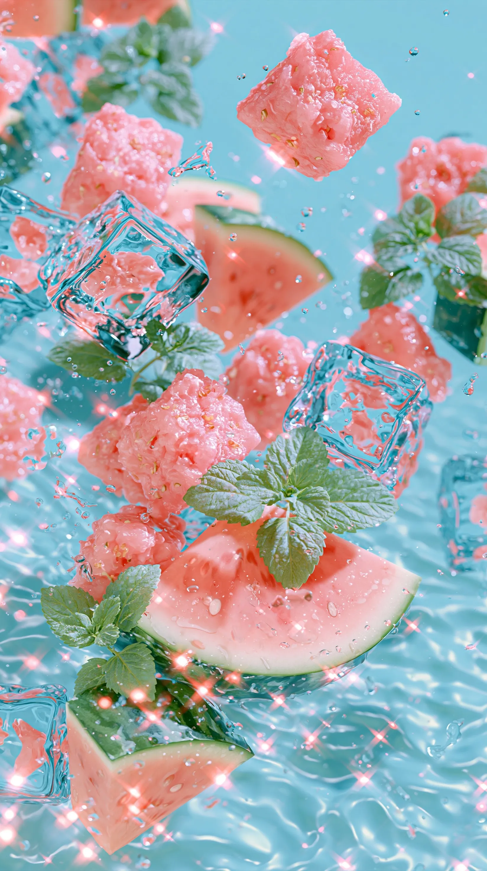 Refreshing summer water background with floating ice, watermelon slices, and mint leaves for iPhone Air wallpaper.