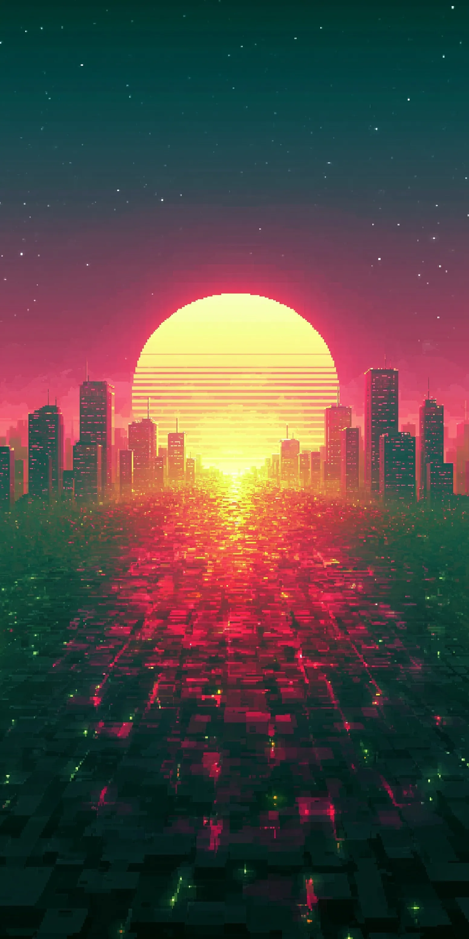 Synthwave city skyline with neon green and pink retro 80s aesthetics, perfect for iPhone Air mobile backgrounds.