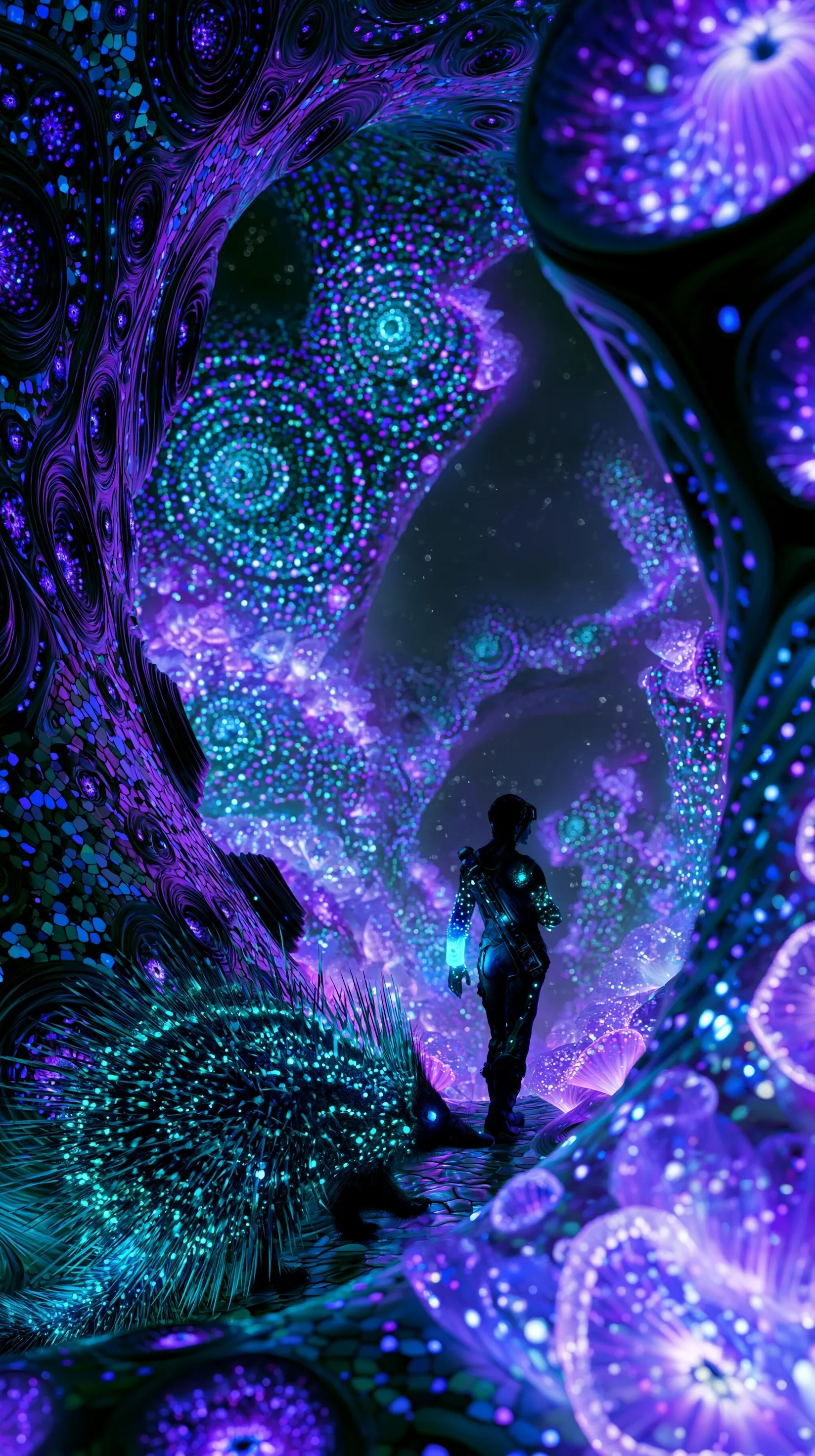 Fantasy explorer and glowing porcupine in a bioluminescent mosaic city, perfect for iPhone Air background.