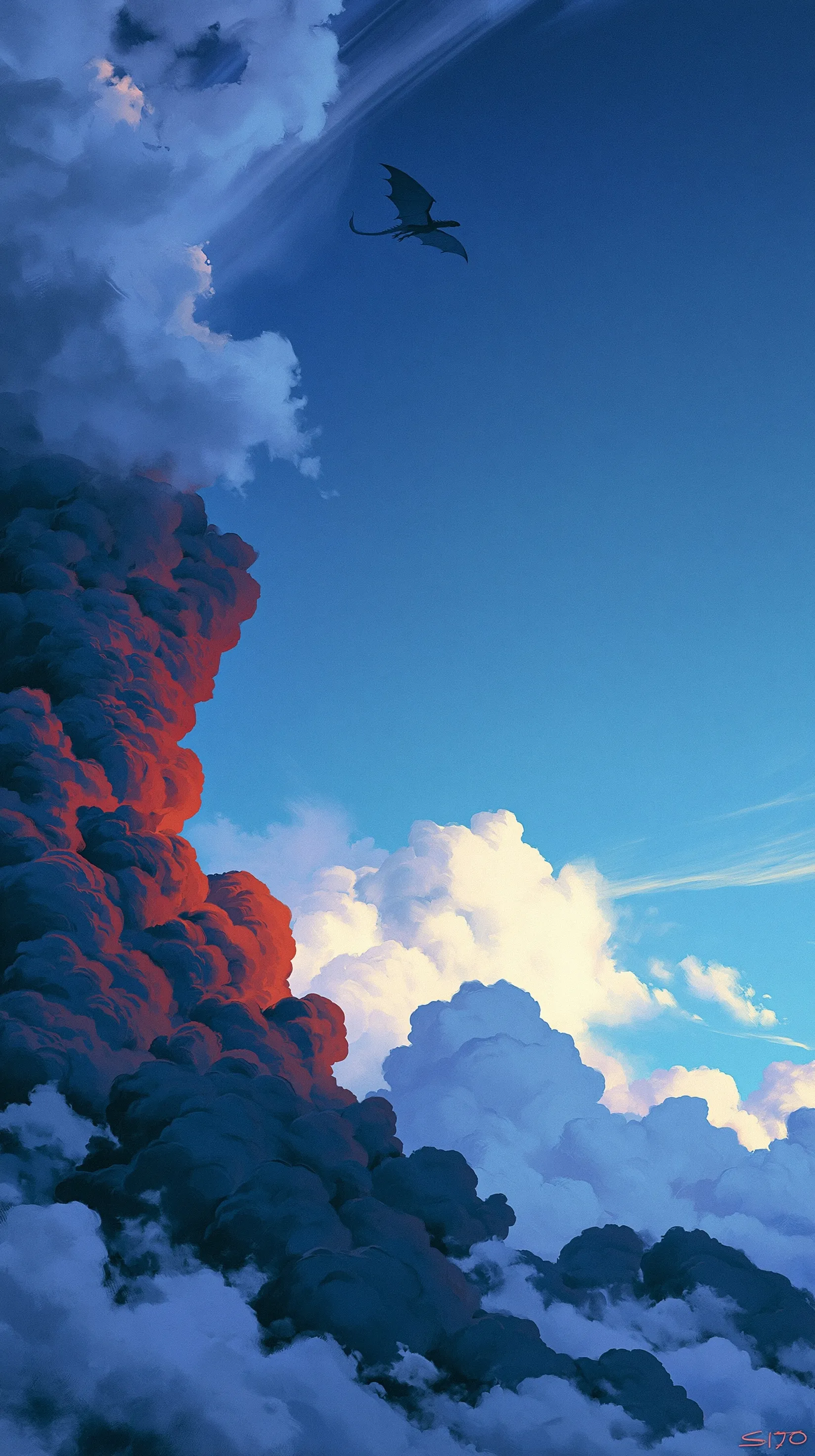 A tiny silhouette of a dragon gliding in a bright blue sky for iPhone Air aesthetic wallpaper background.