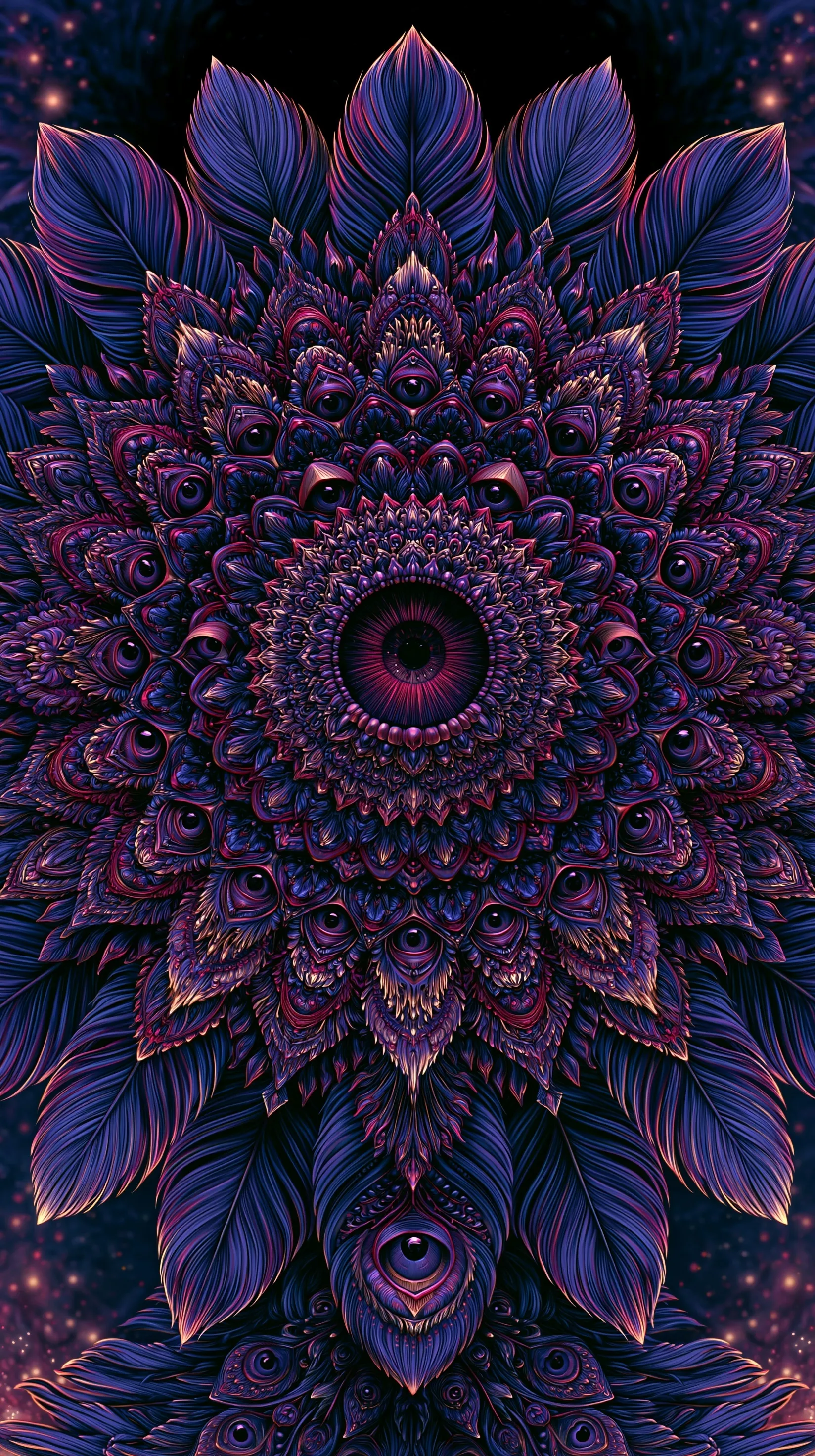 Dark psychedelic mandala wallpaper with intricate eyes and feathers in deep jewel tones for iPhone Air.