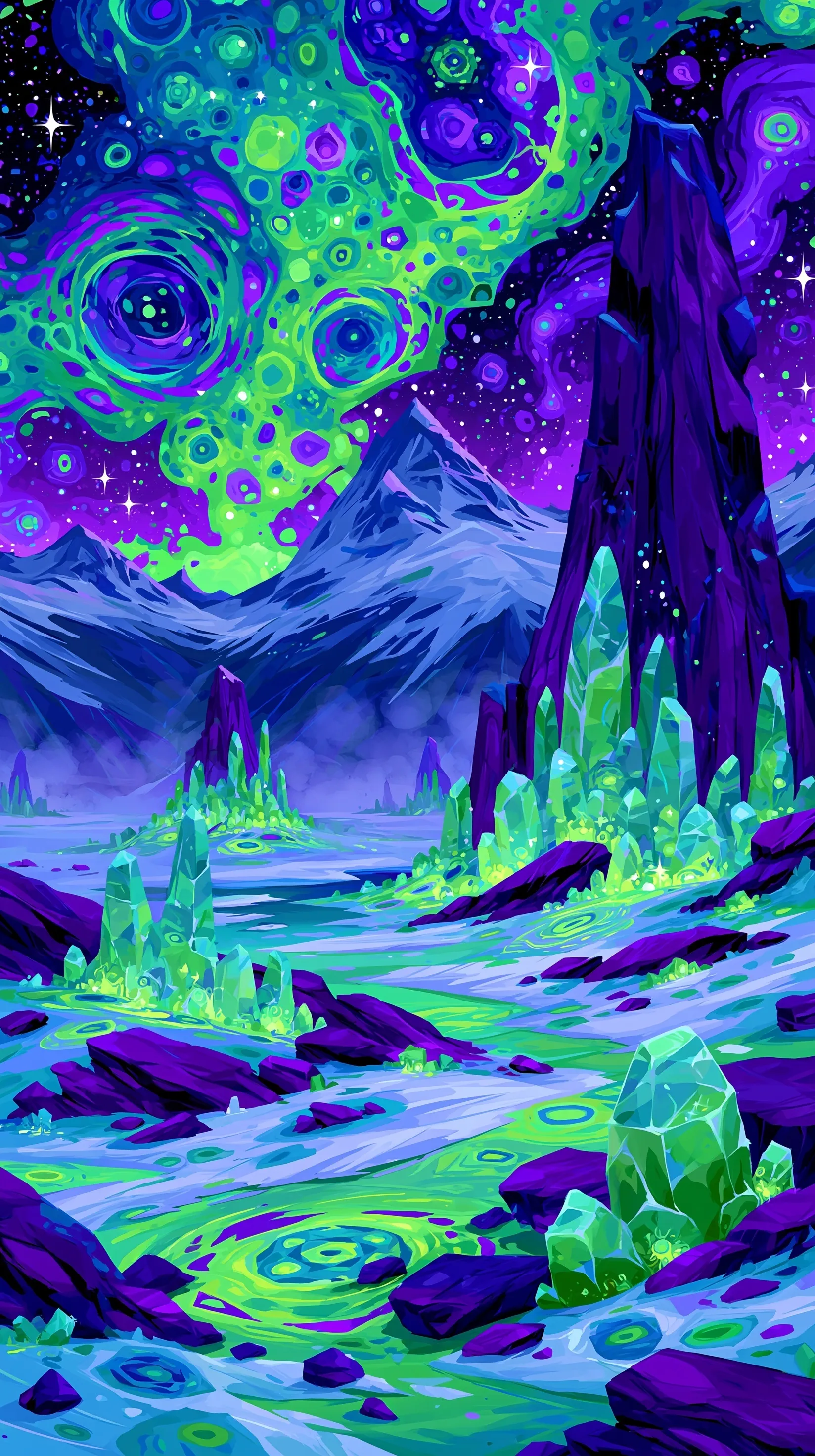 Psychedelic arctic landscape with glowing crystalline formations and deep blue mist for iPhone Air background.