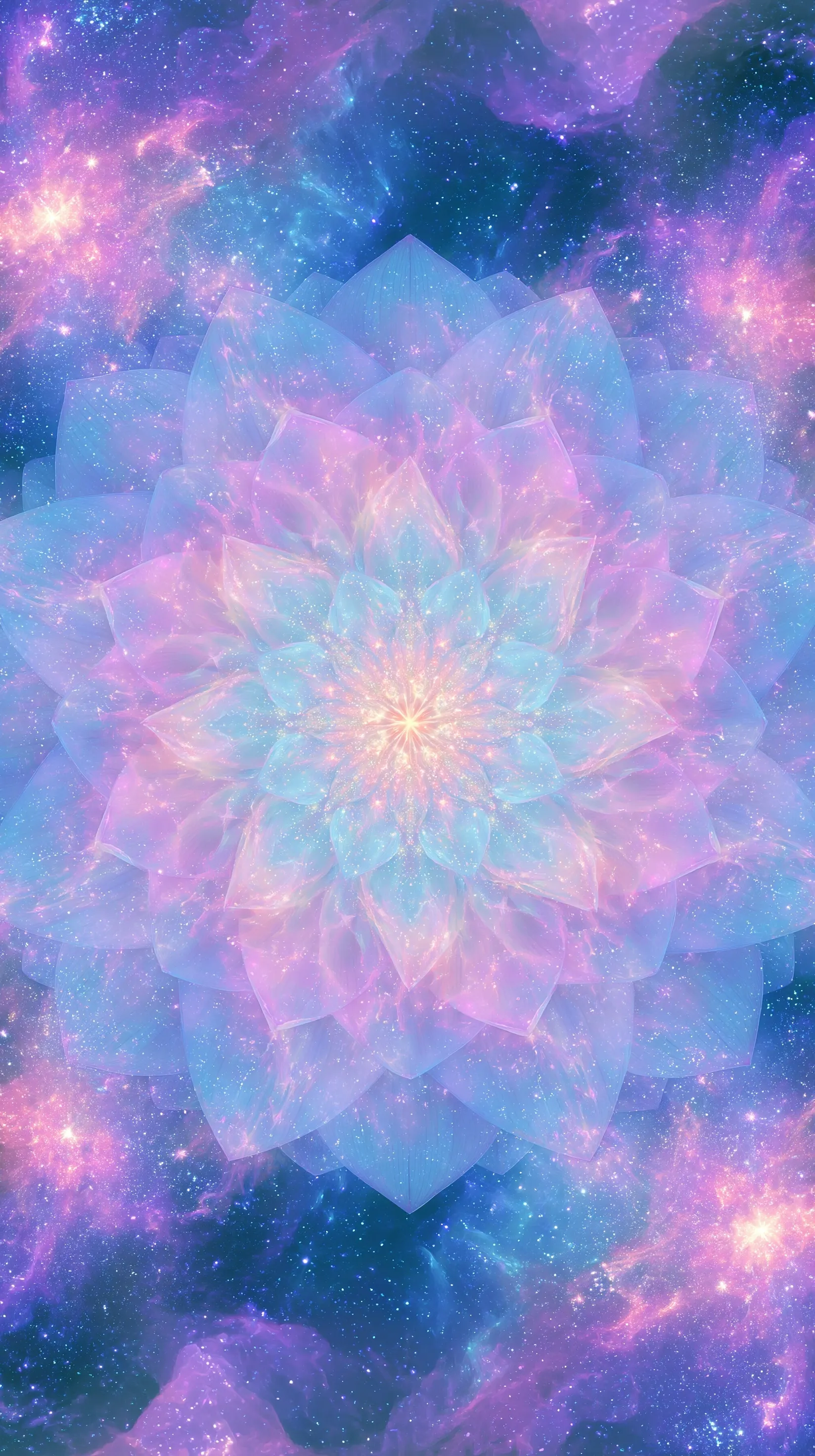 Intricate lotus mandala background with shimmering pastel particles in blue, pink, and lilac for iPhone Air.