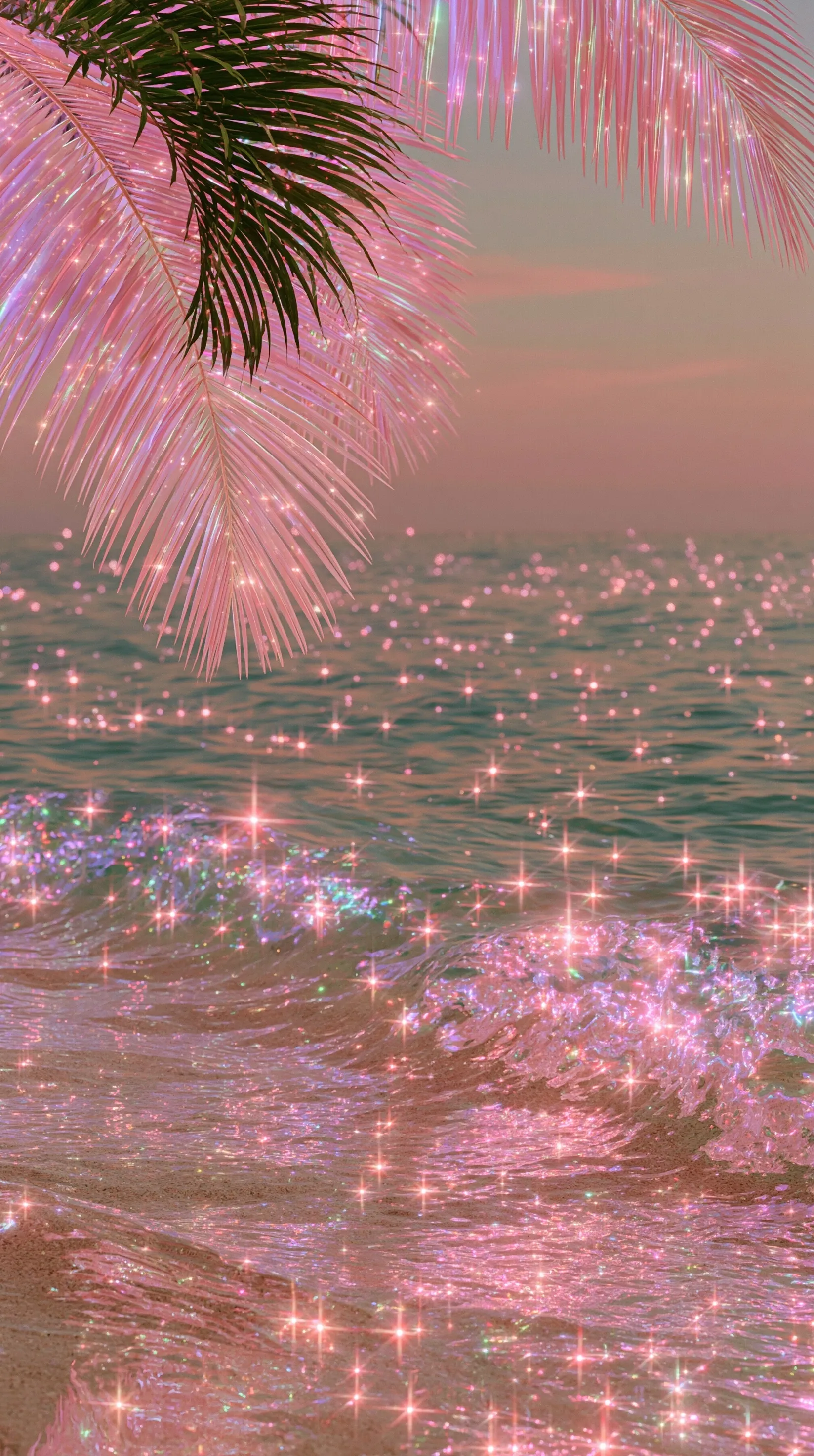 Tropical palm fronds over a calm sunset ocean with soft pastel light, perfect for iPhone Air background.