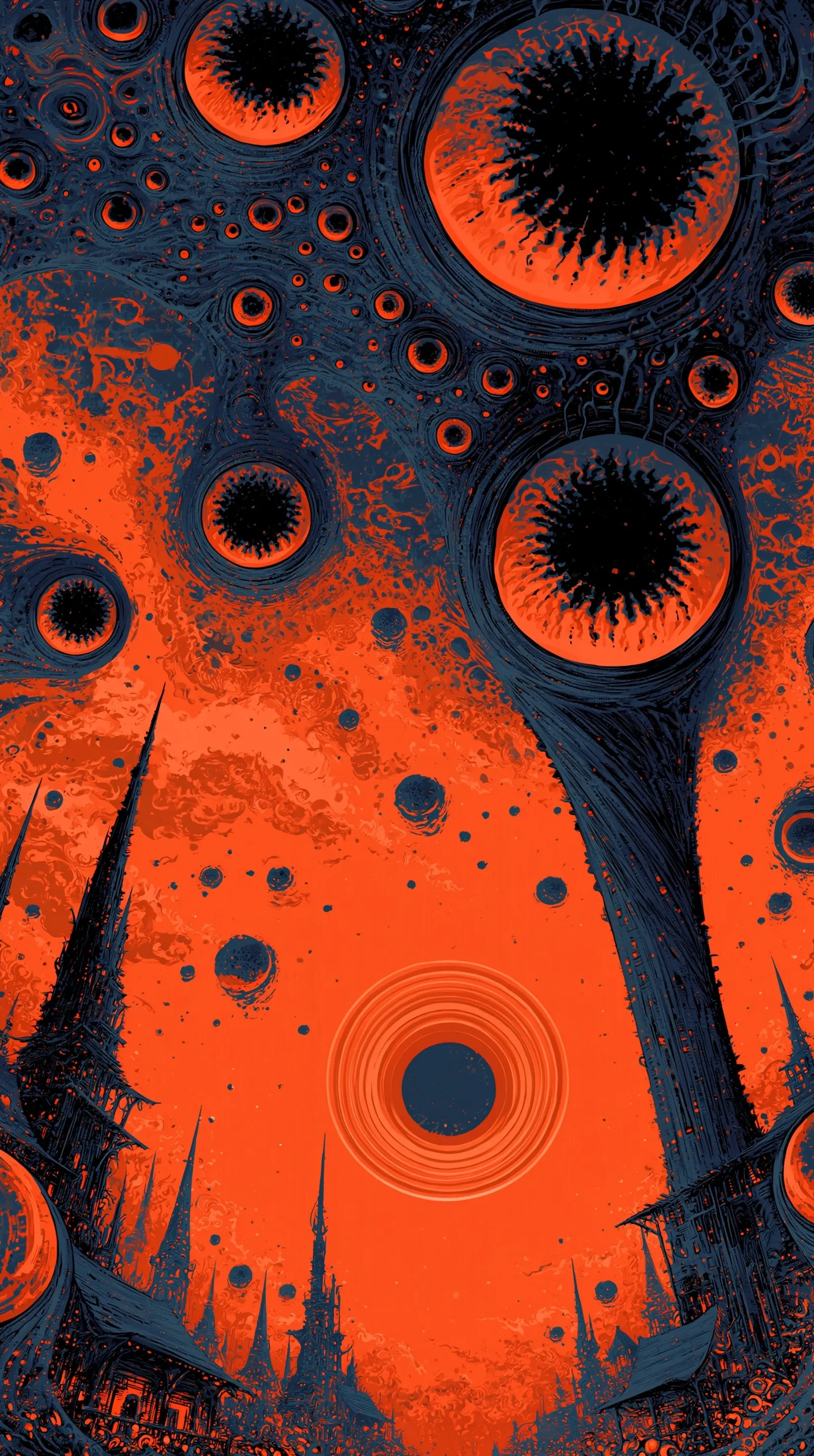 Psychedelic psytrance art with Magic The Gathering style on a vivid orange background for iPhone Air.
