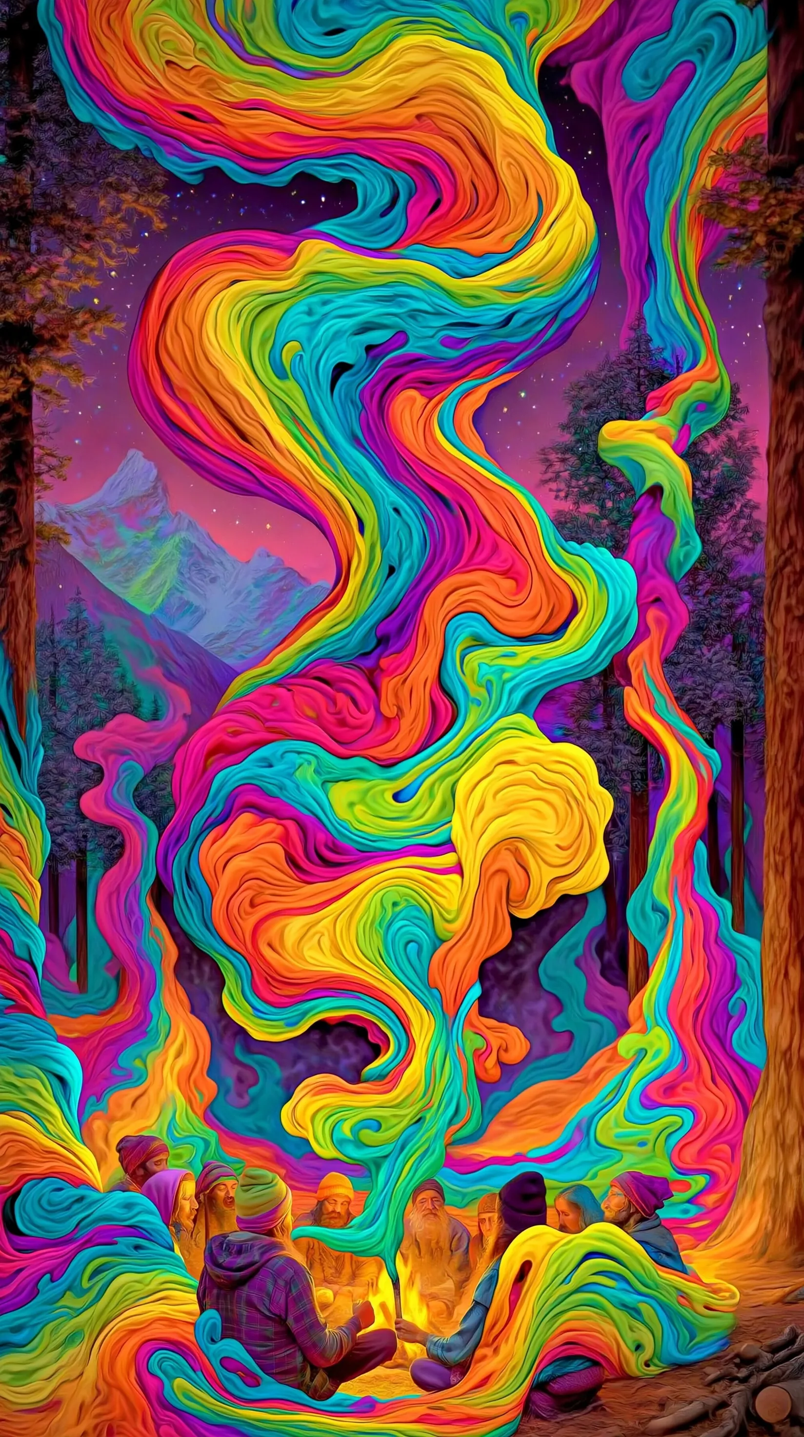 Surreal smoke ribbons flowing from a chillum circle in Parvati Valley at night for iPhone Air background.