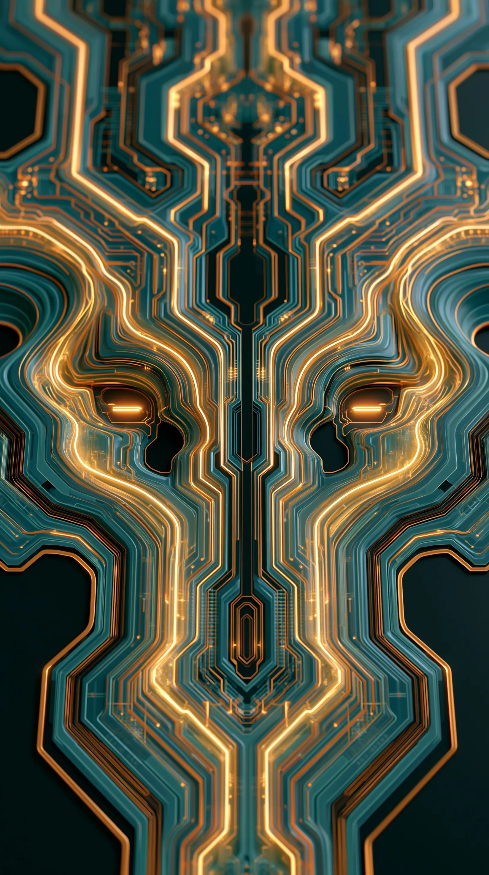 Abstract futuristic biomechanical circuitry background with glowing neon pathways for iPhone Air mobile wallpaper.