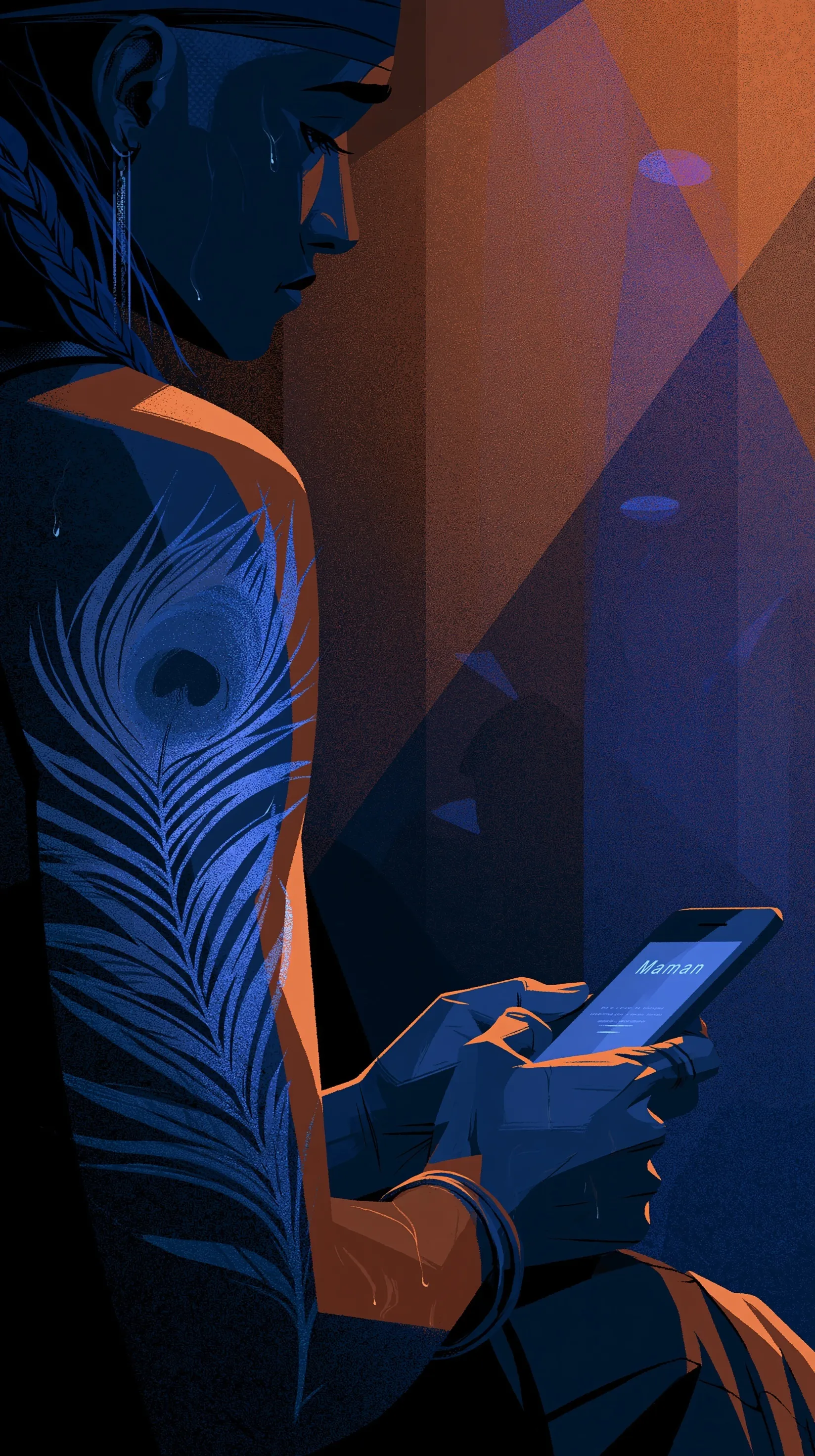 Grainy illustration of a woman’s tattooed arm holding an iPhone Air after a concert with subtle blue glowing light.