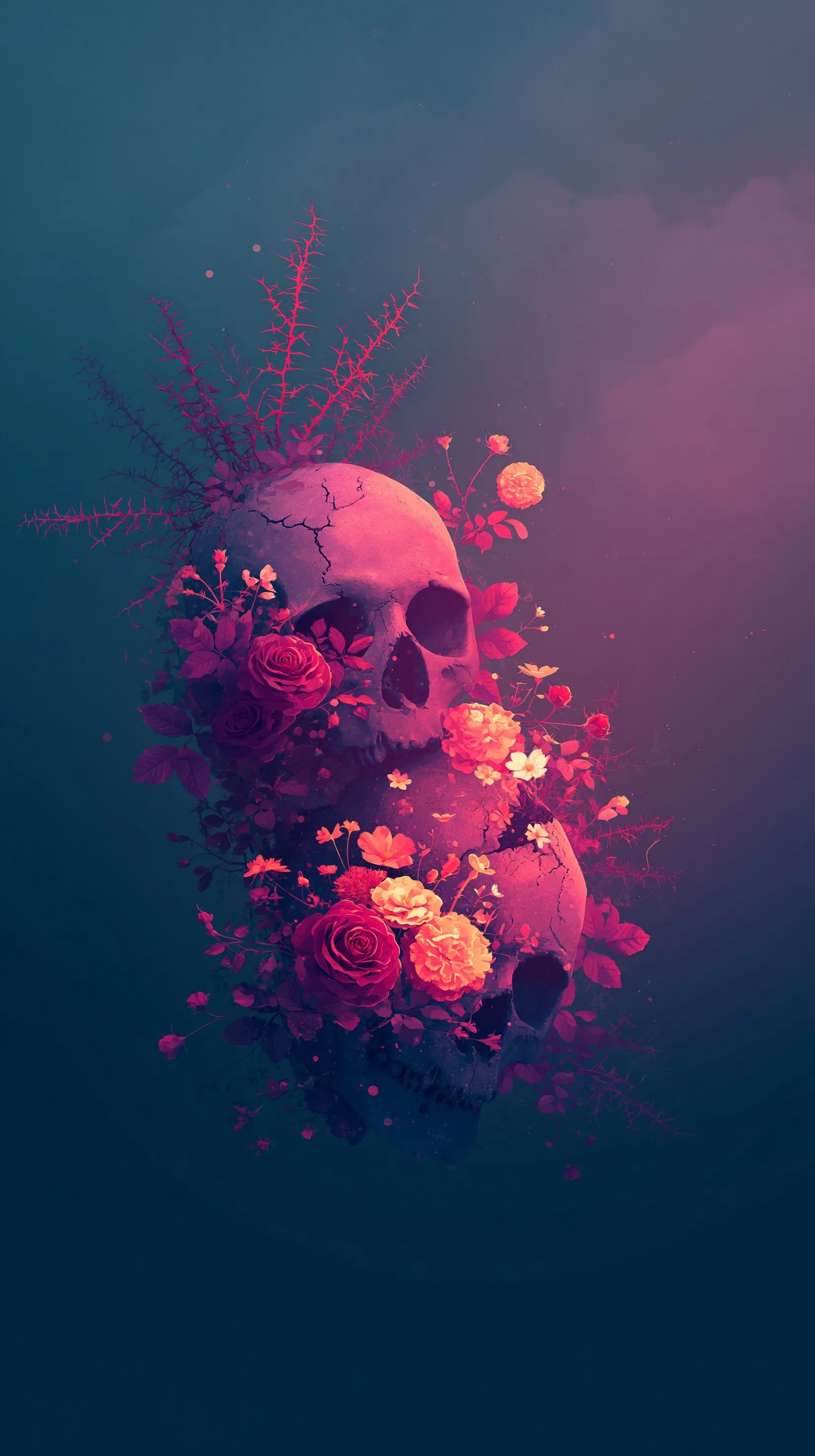 Surreal gothic skull wallpaper with blooming roses and thorny vines on a moody, dark emerald iPhone Air background.