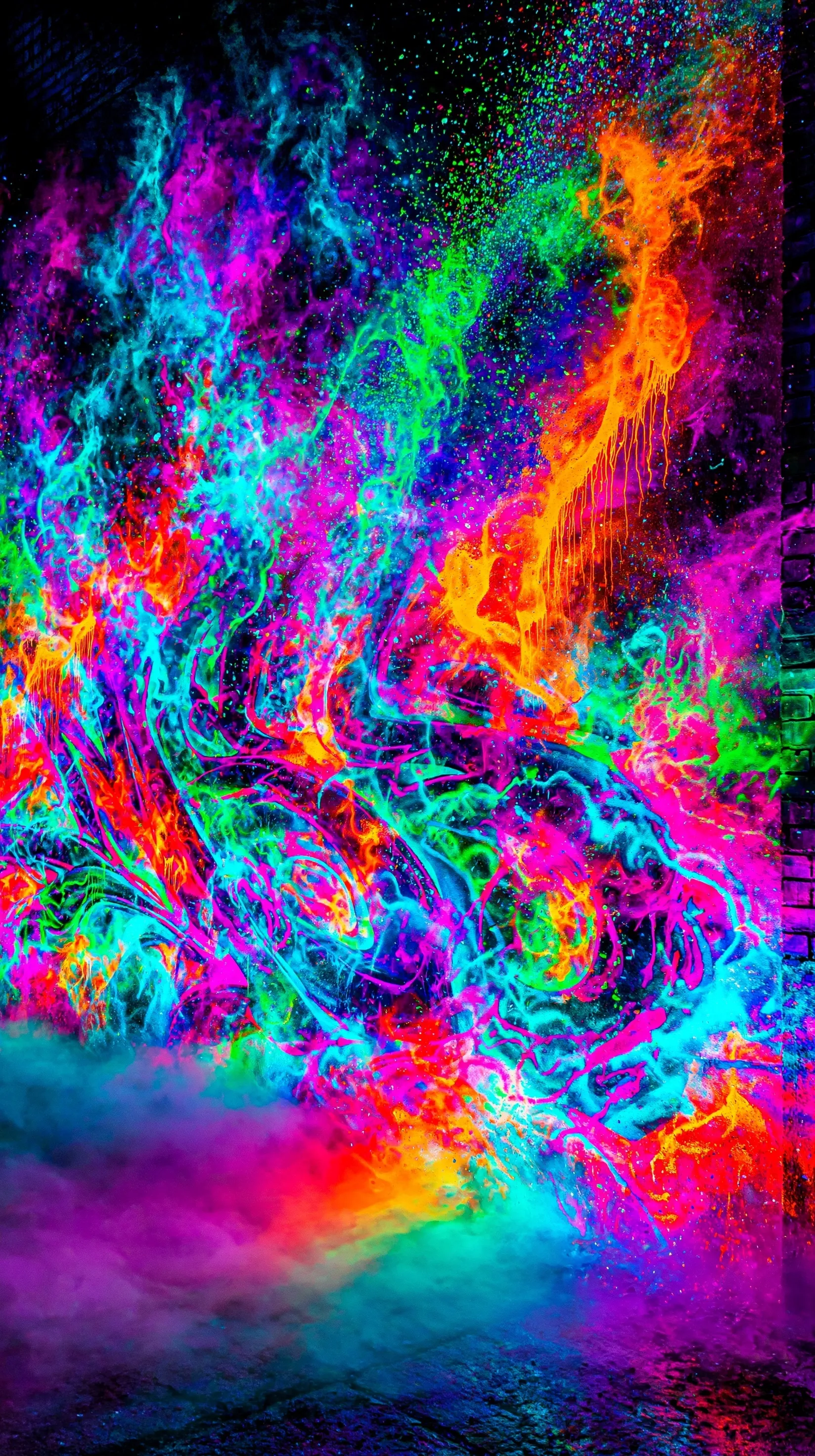 Neon iridescent abstract background with wildstyle graffiti art and rainbow fog for iPhone Air screens.