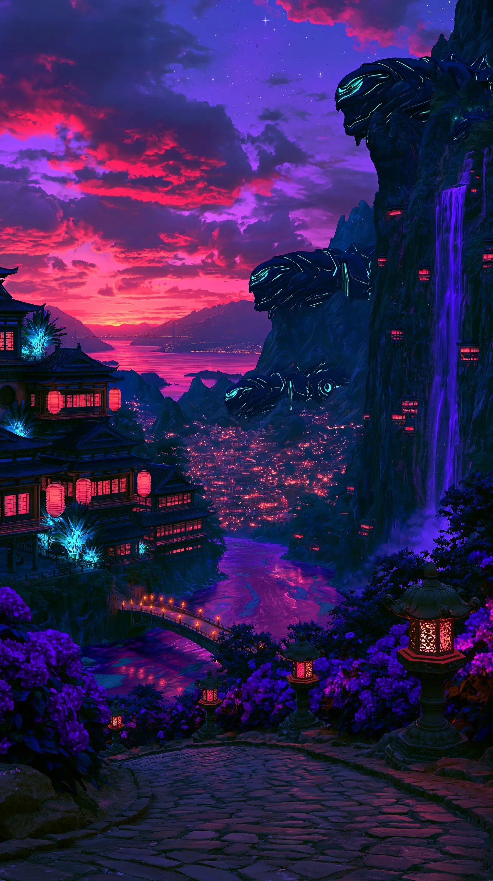 Fantasy landscape with glowing waterfall, futuristic architecture, and purple sunset for iPhone Air background.