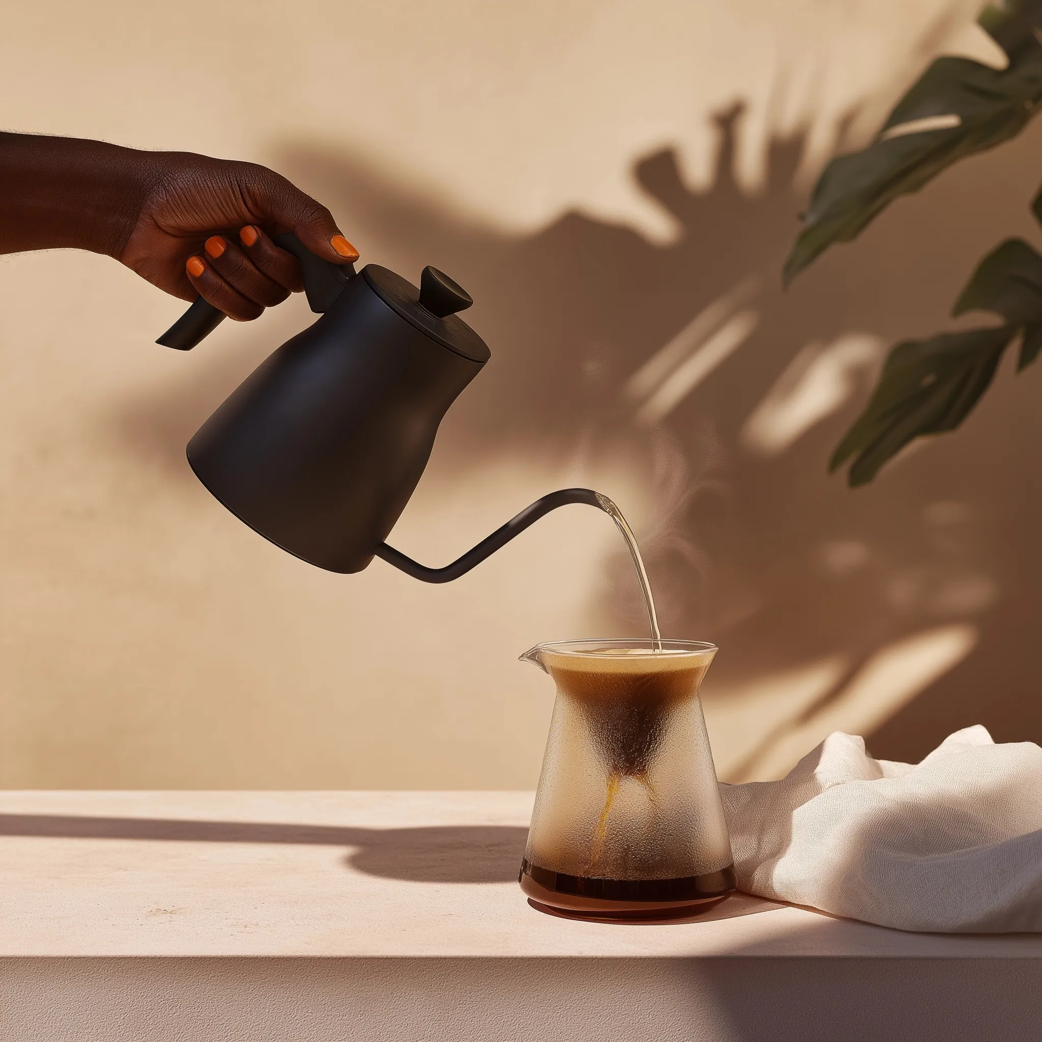 A person with burnt caramel painted nails pours hot water from a gooseneck kettle into a V60 coffee dripper.