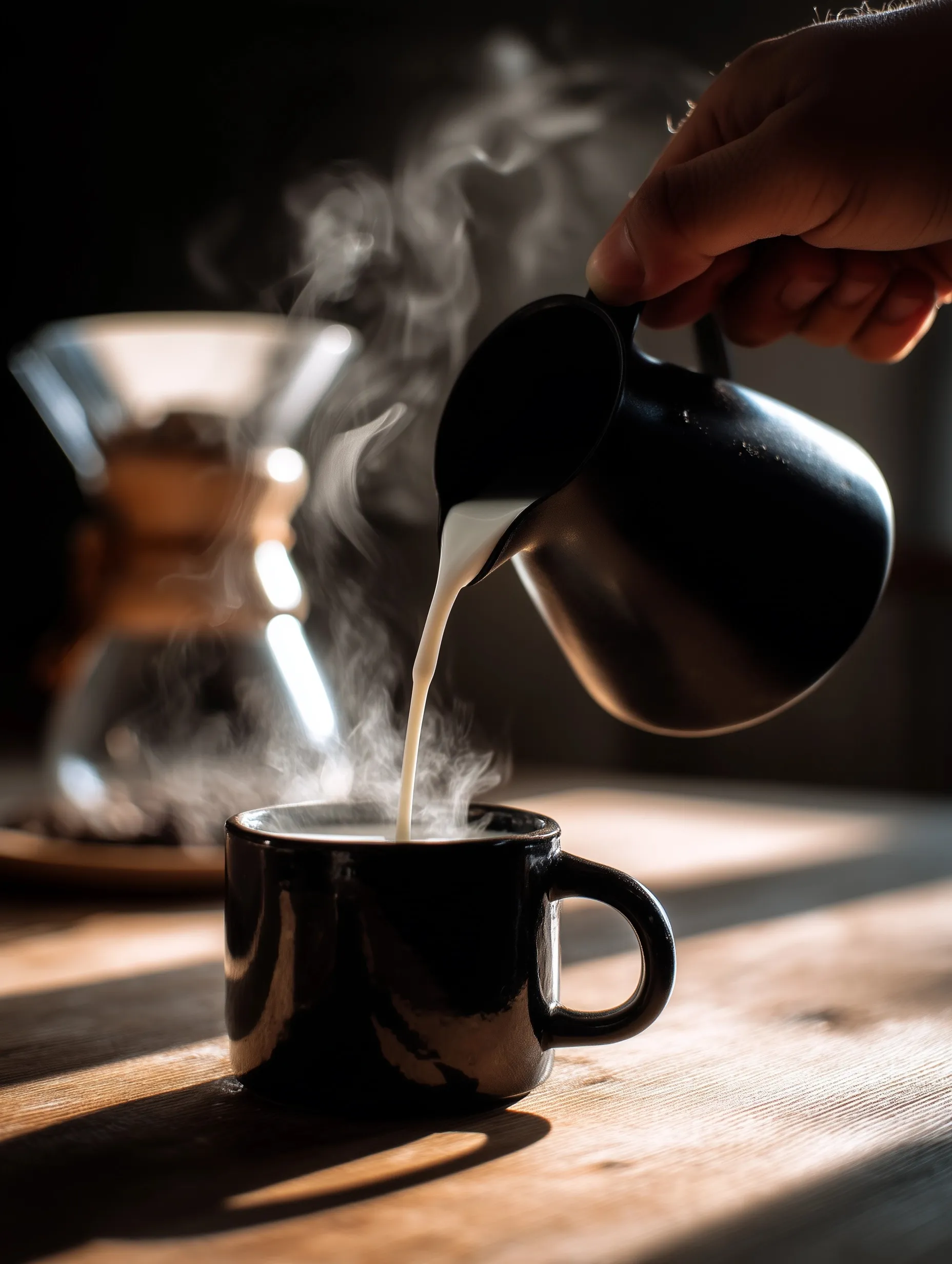 A person pouring milk into a steaming black ceramic coffee cup on a table, captured with natural warm light.