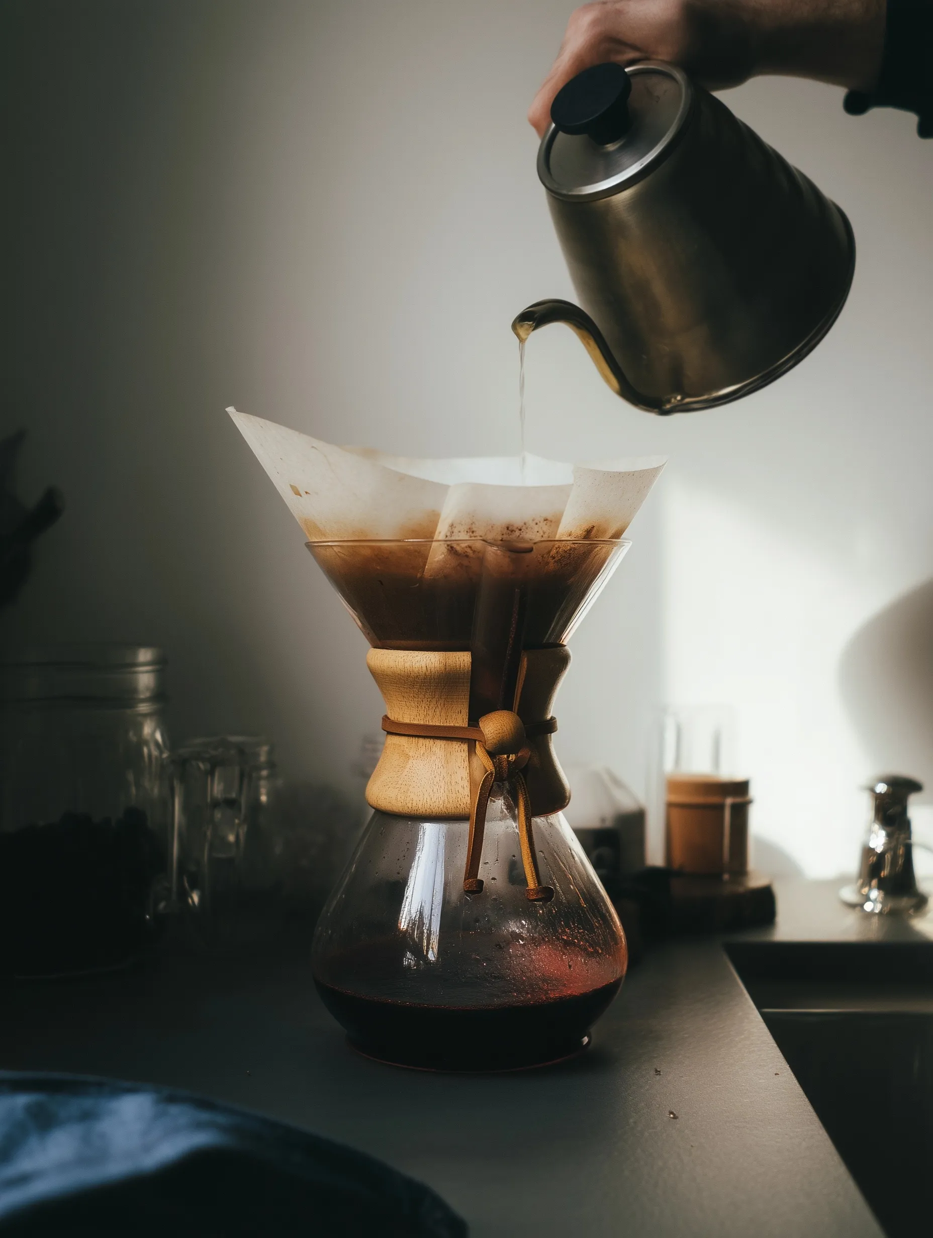 Close-up of a hand pouring hot water from a kettle into a glass Chemex brewer to make pour over coffee.