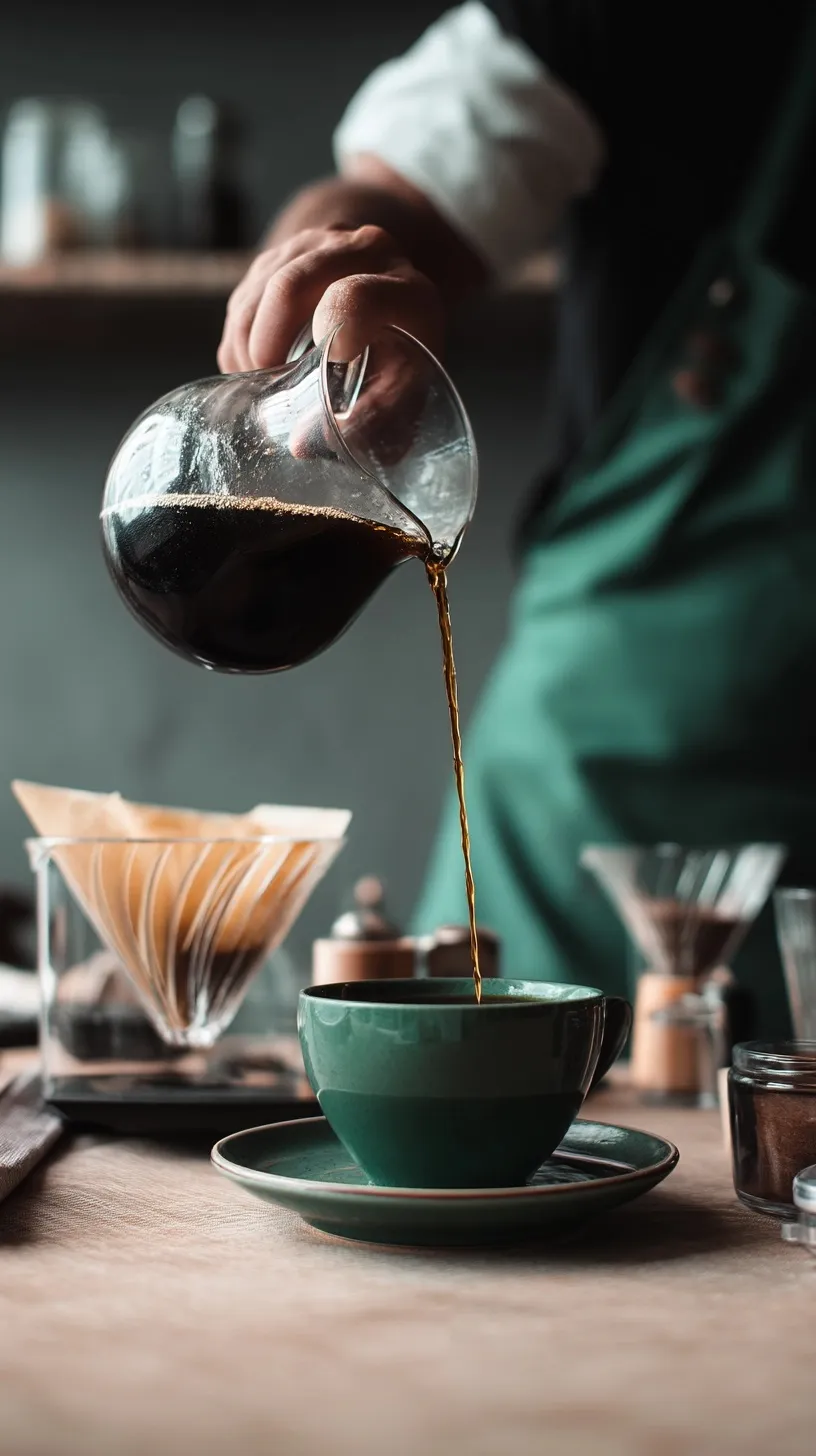 A barista pours coffee from a glass server into a green cup on a wooden table in a minimalist cafe setting.