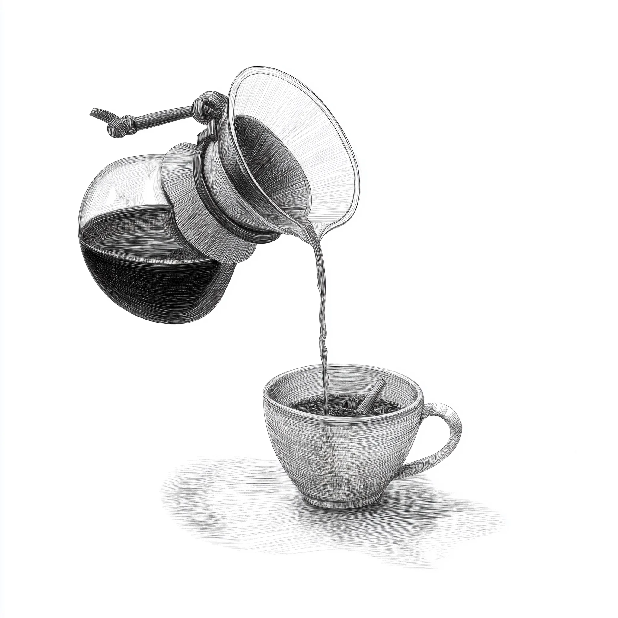 A pencil sketch of a glass pour-over coffee maker tilted, pouring coffee into a cup on a clean white background.