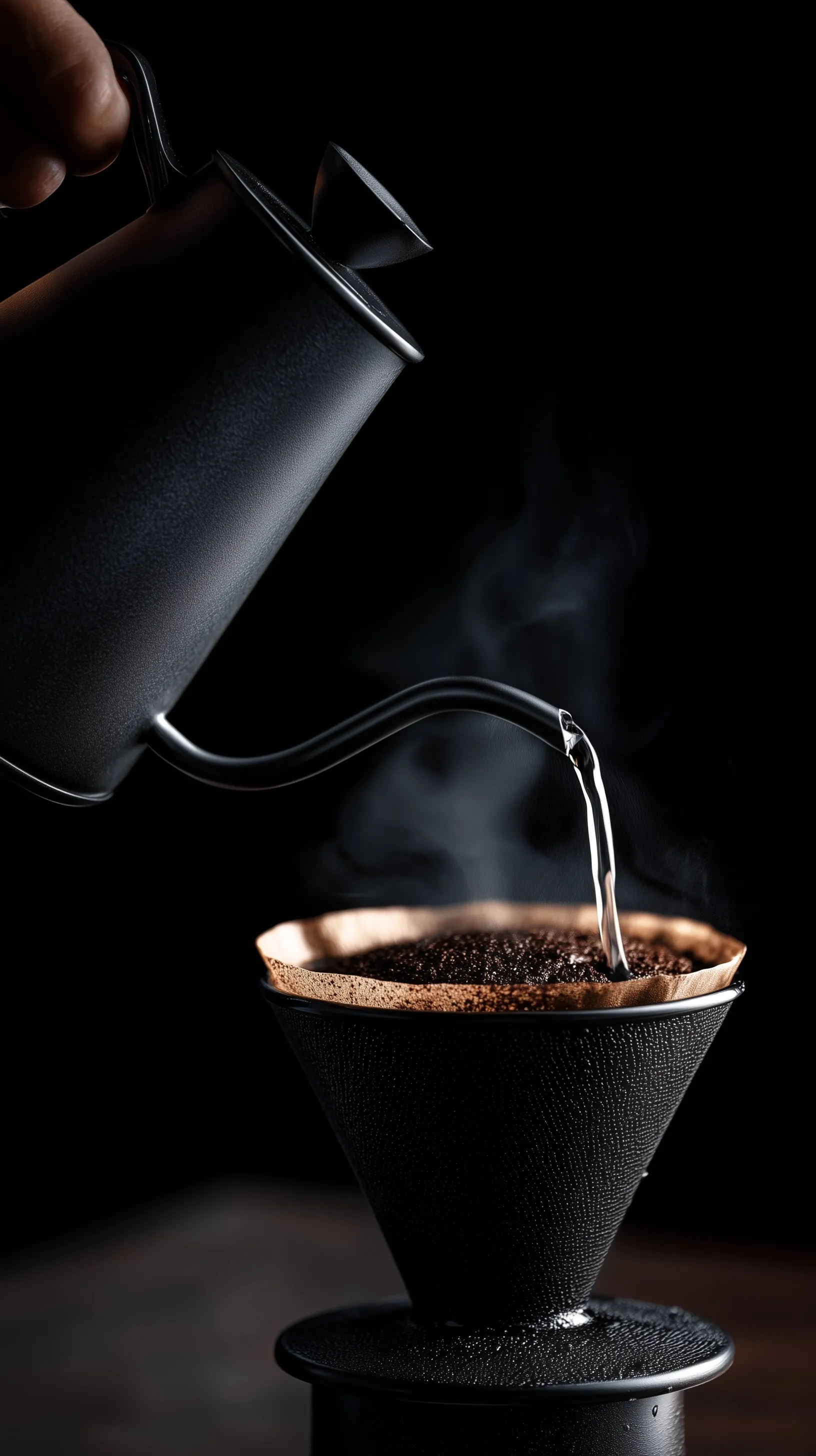 A man pouring hot water from a black gooseneck kettle into a coffee filter in a professional studio setting.