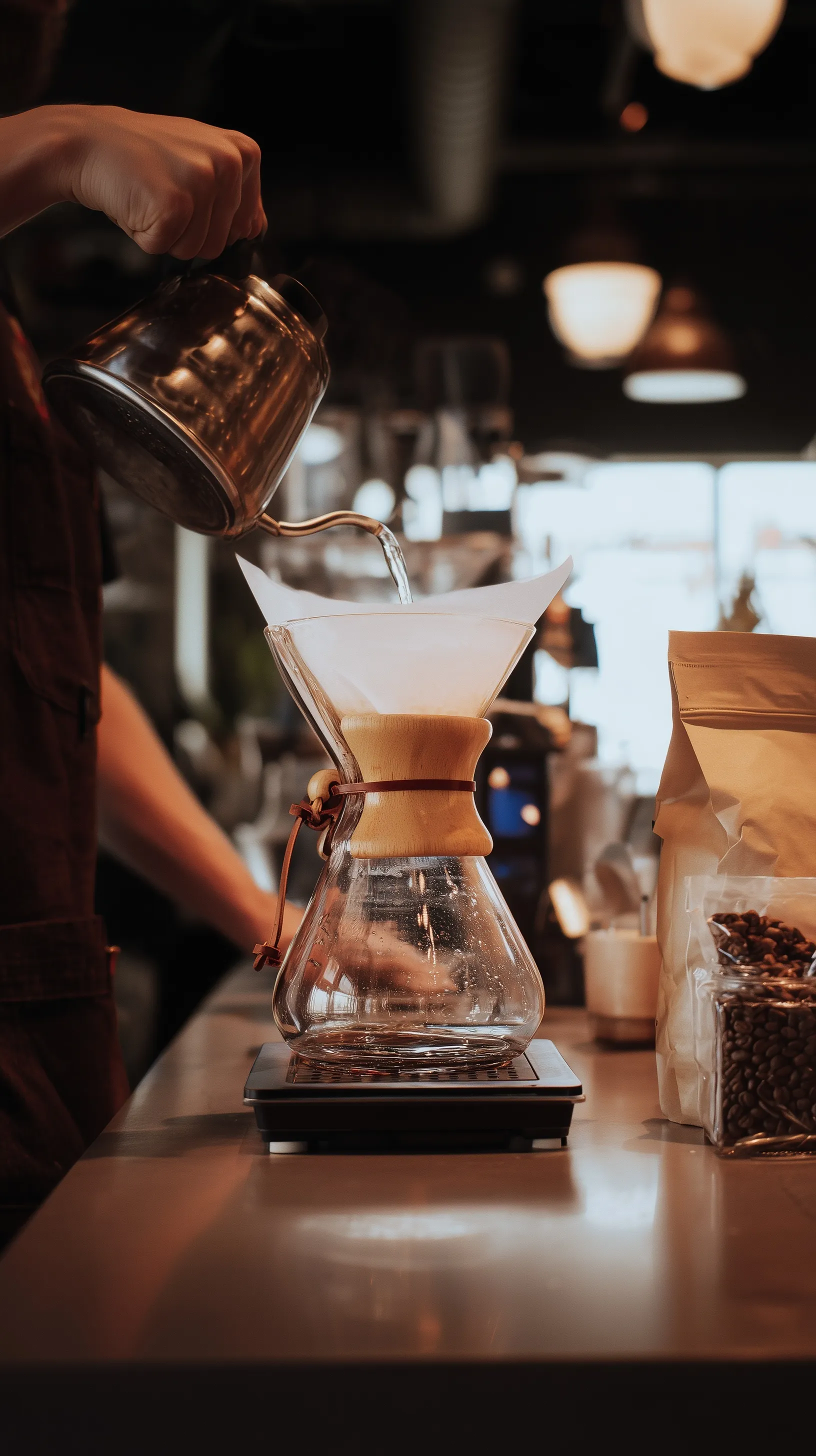 A professional barista swirling a pour-over coffee carafe in a cozy, modern cafe with warm, cinematic lighting.