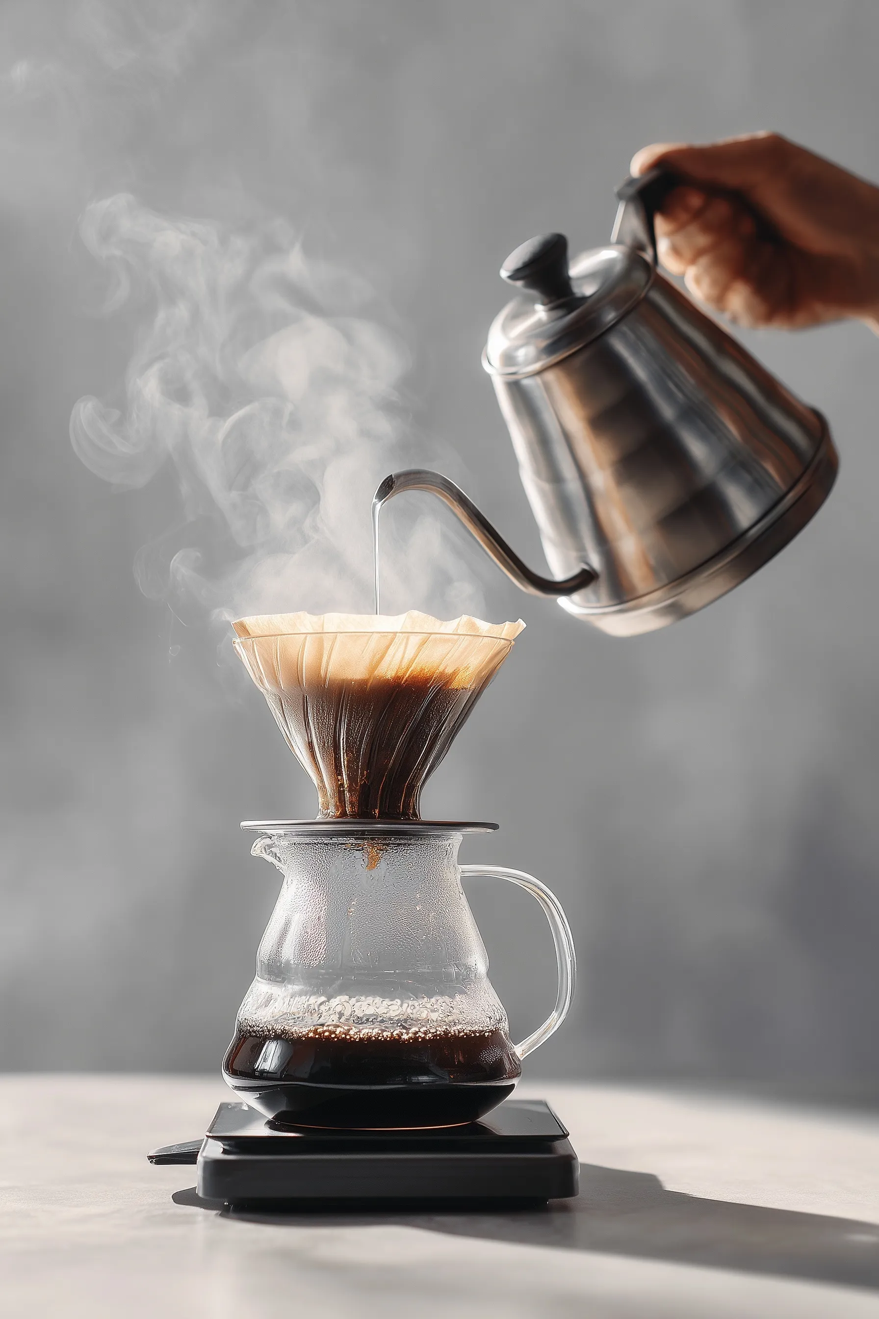 Barista hand pouring hot water from a stainless steel gooseneck kettle into a V60 coffee dripper with rising steam.