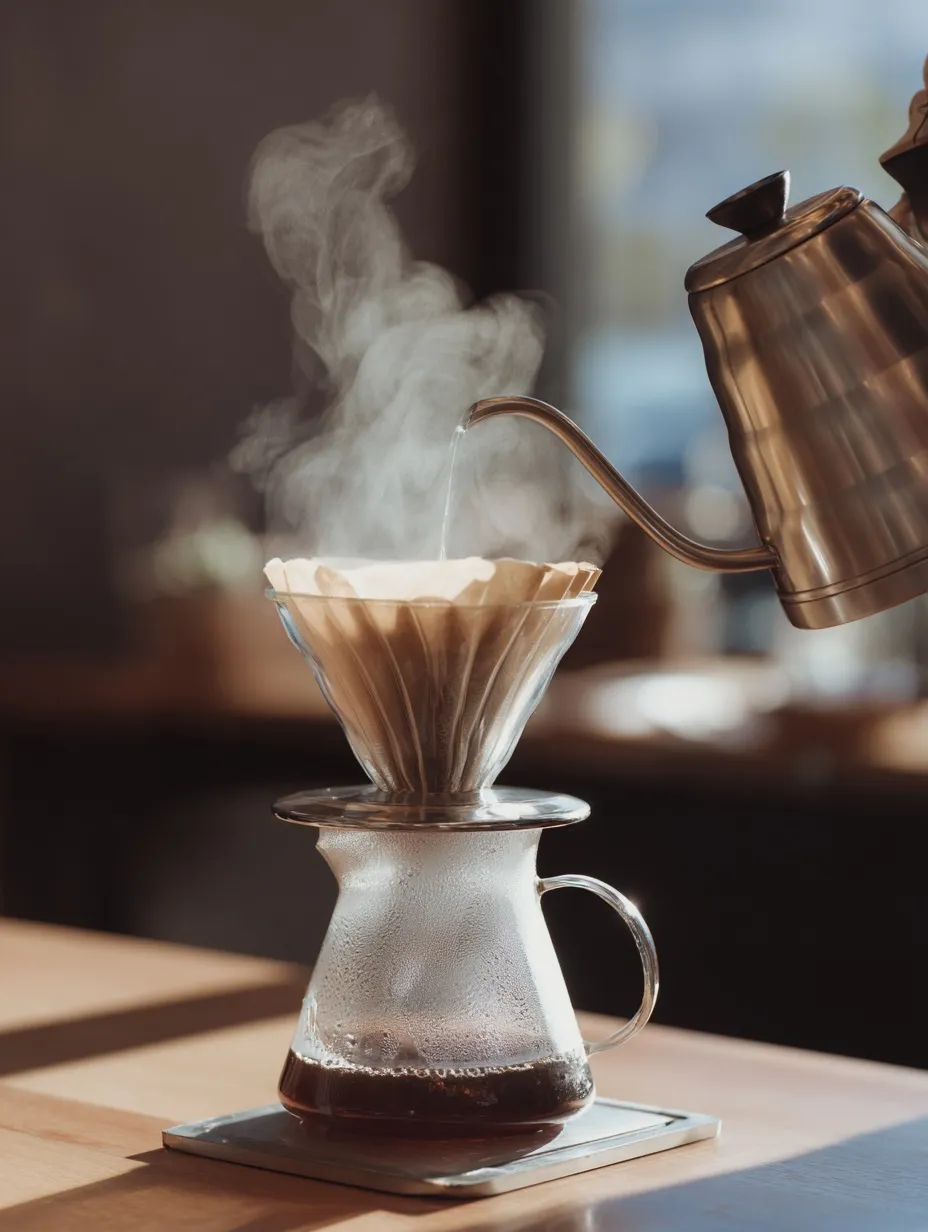 Barista pouring hot water from a gooseneck kettle into a V60 coffee dripper with rising steam in a cafe.