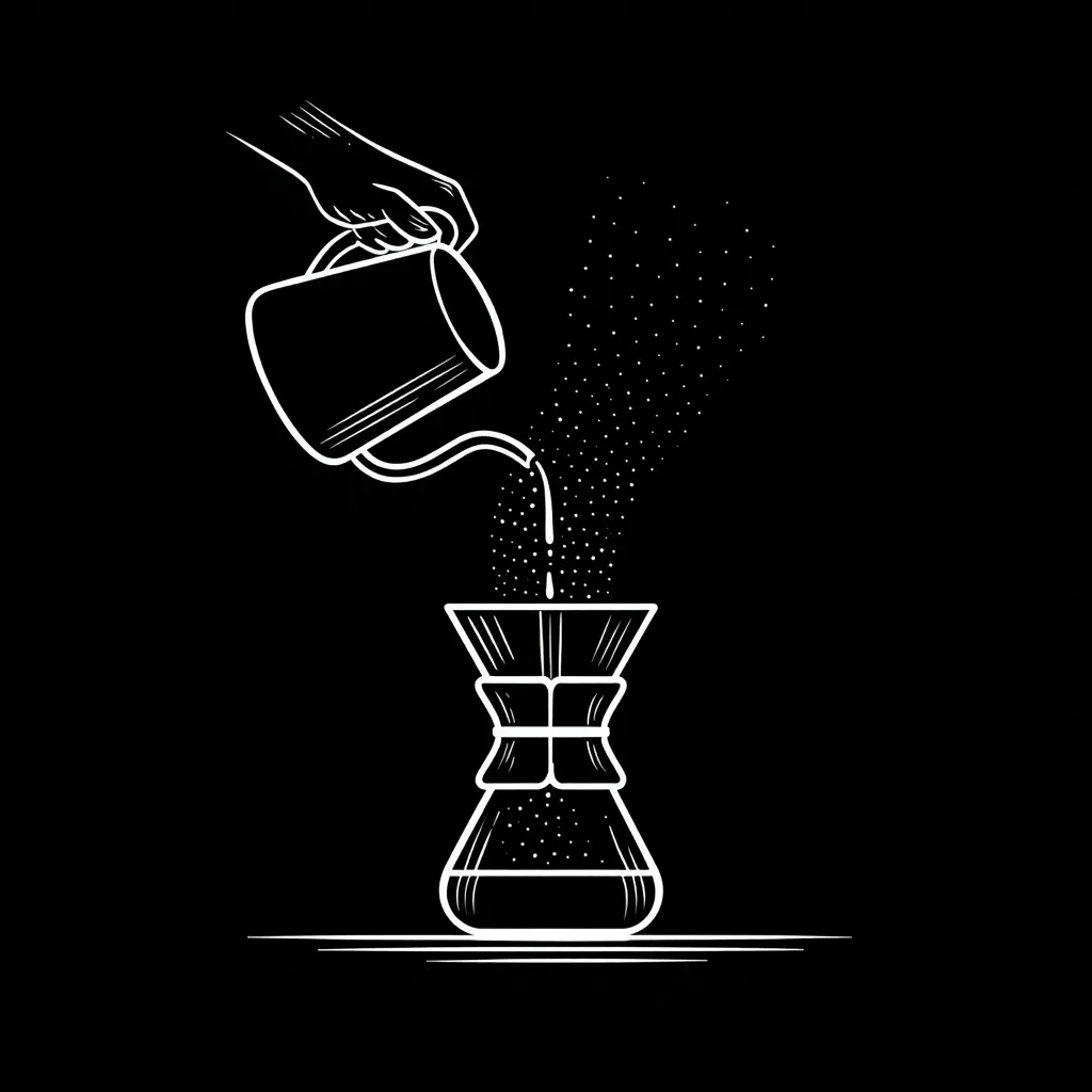 Minimalist line art icon of a hand pouring hot water over coffee in a Chemex with rising steam, black and white.