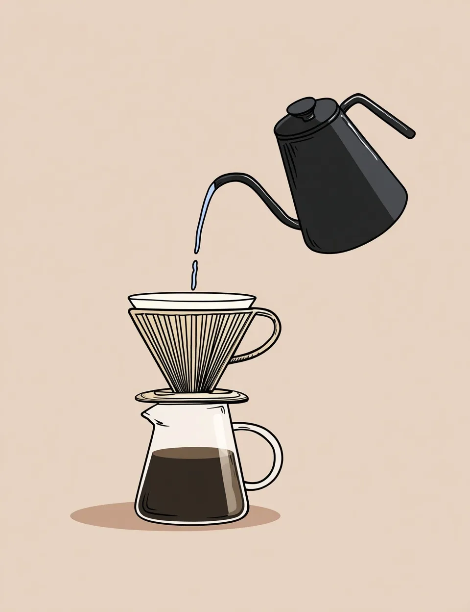 Minimalist vector line art of a gooseneck kettle pouring water into a coffee dripper, isolated on pastel background.