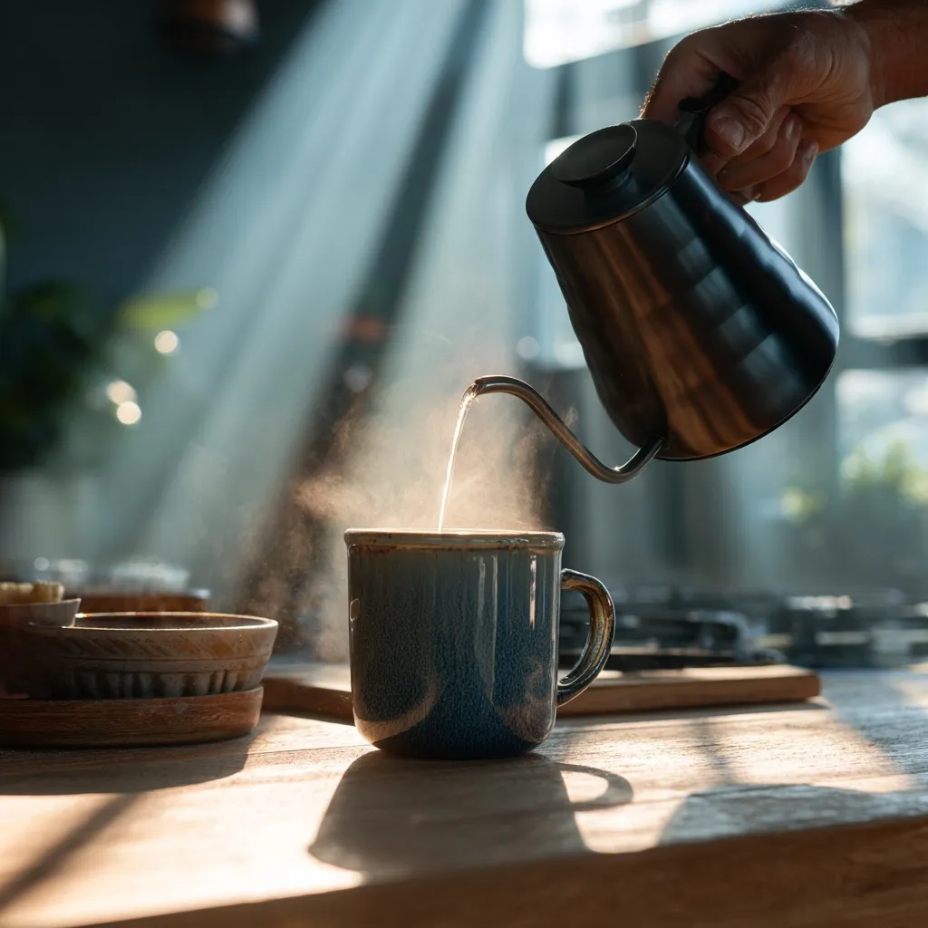 A person pouring hot water from a gooseneck kettle into a drip coffee bag in a sunlit modern kitchen.