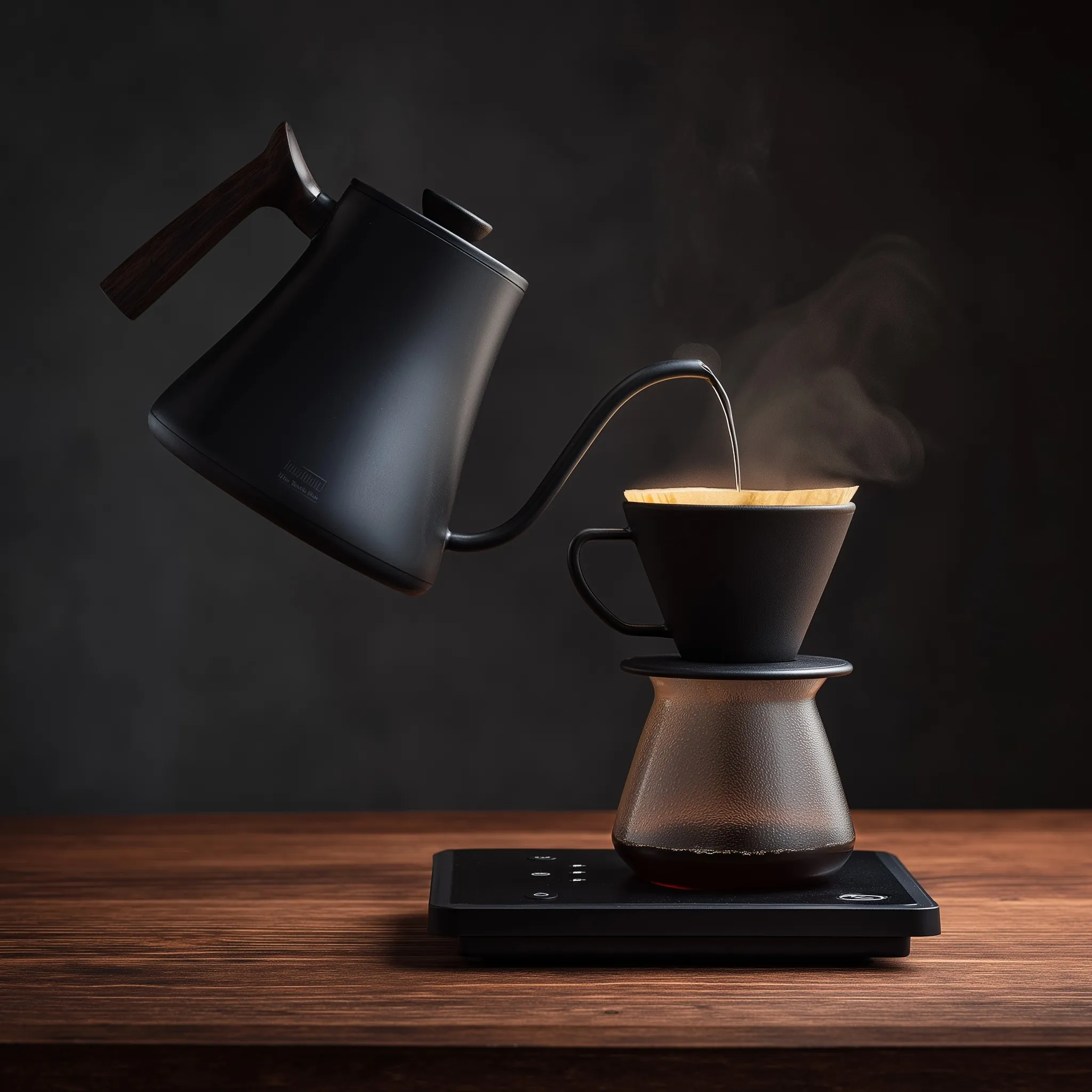 Sleek black gooseneck kettle pouring hot water into a ceramic coffee dripper on a wooden table.