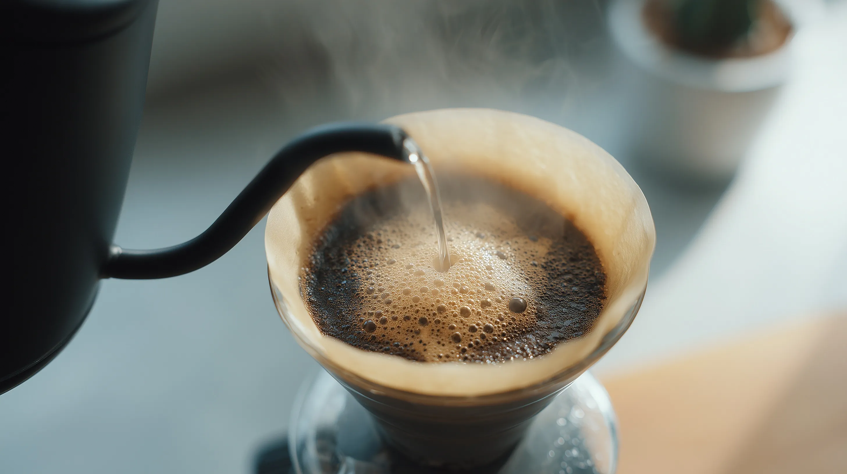 A matte black gooseneck kettle pours water over coffee grounds in a ceramic dripper to create a rich bloom.
